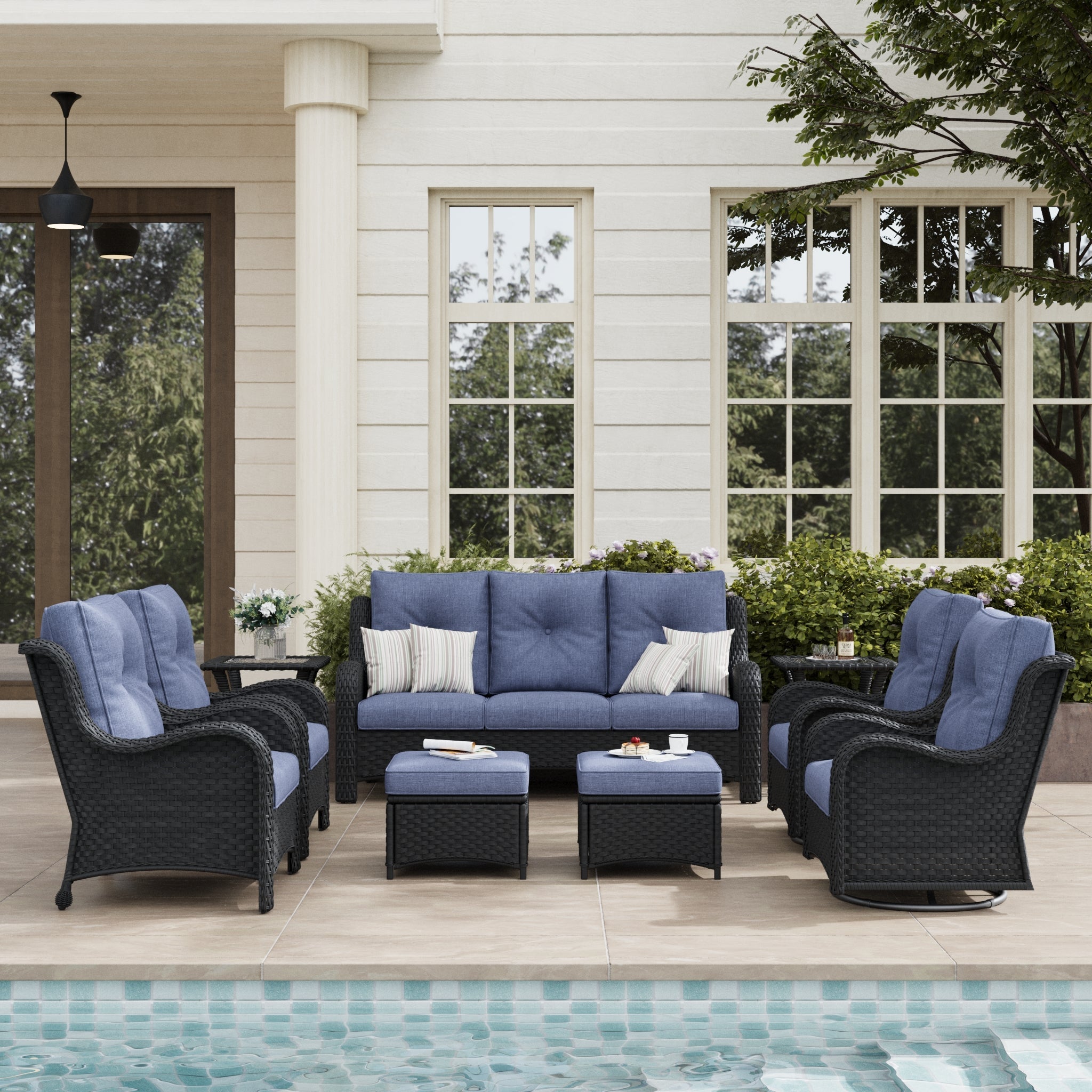 LayinSun 9 - Piece Curved Armrest Wicker Swivel Glider Lounge Chairs & Sofa Set