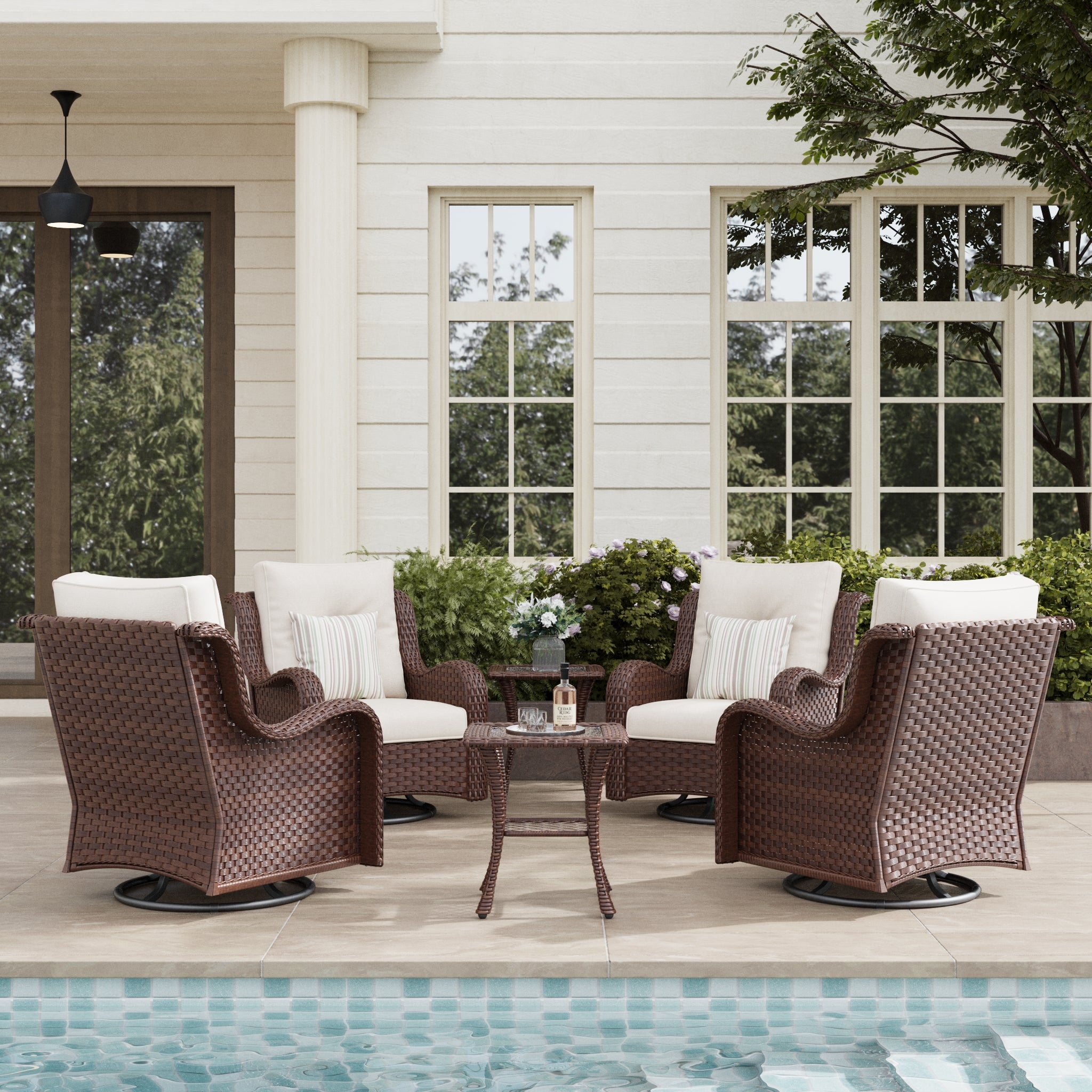LayinSun 6-Piece Curved Armrest Wicker Swivel Glider Lounge Chairs Set