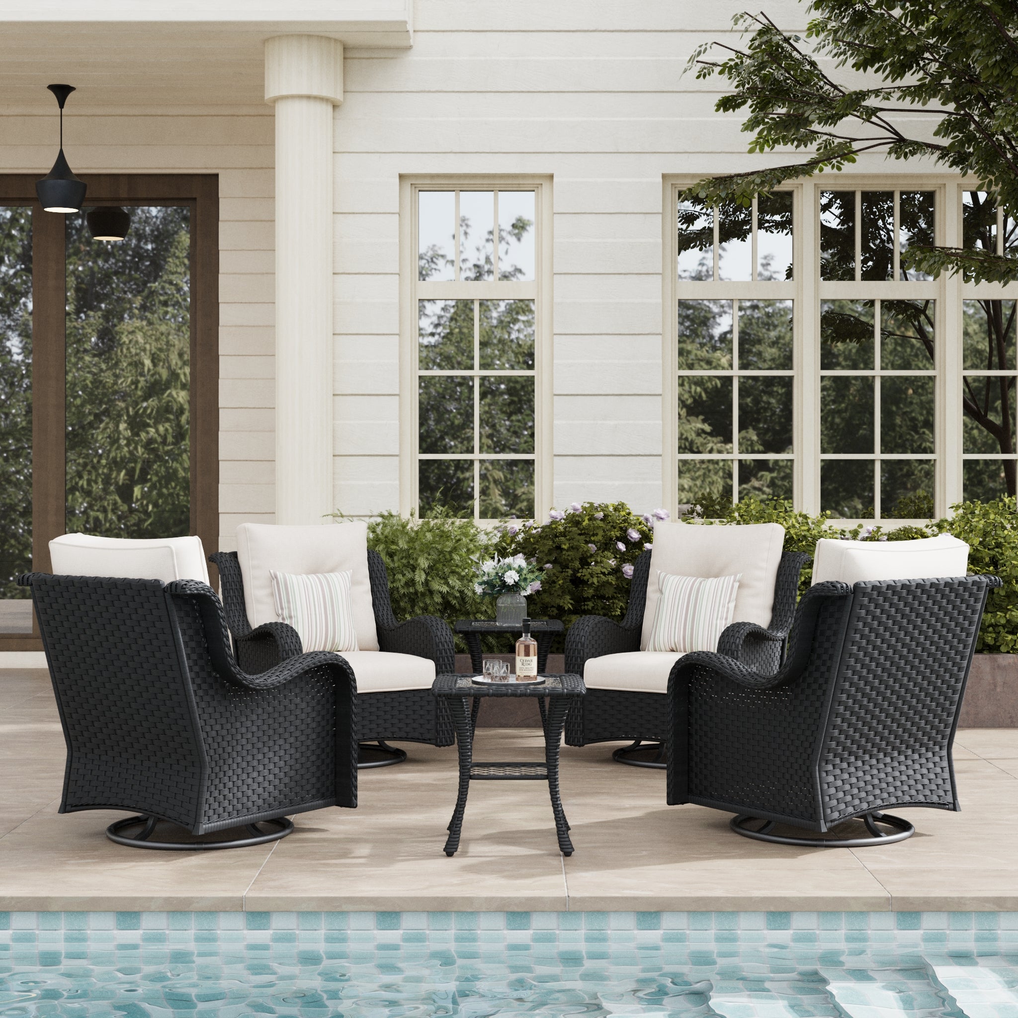 LayinSun 6-Piece Curved Armrest Wicker Swivel Glider Lounge Chairs Set