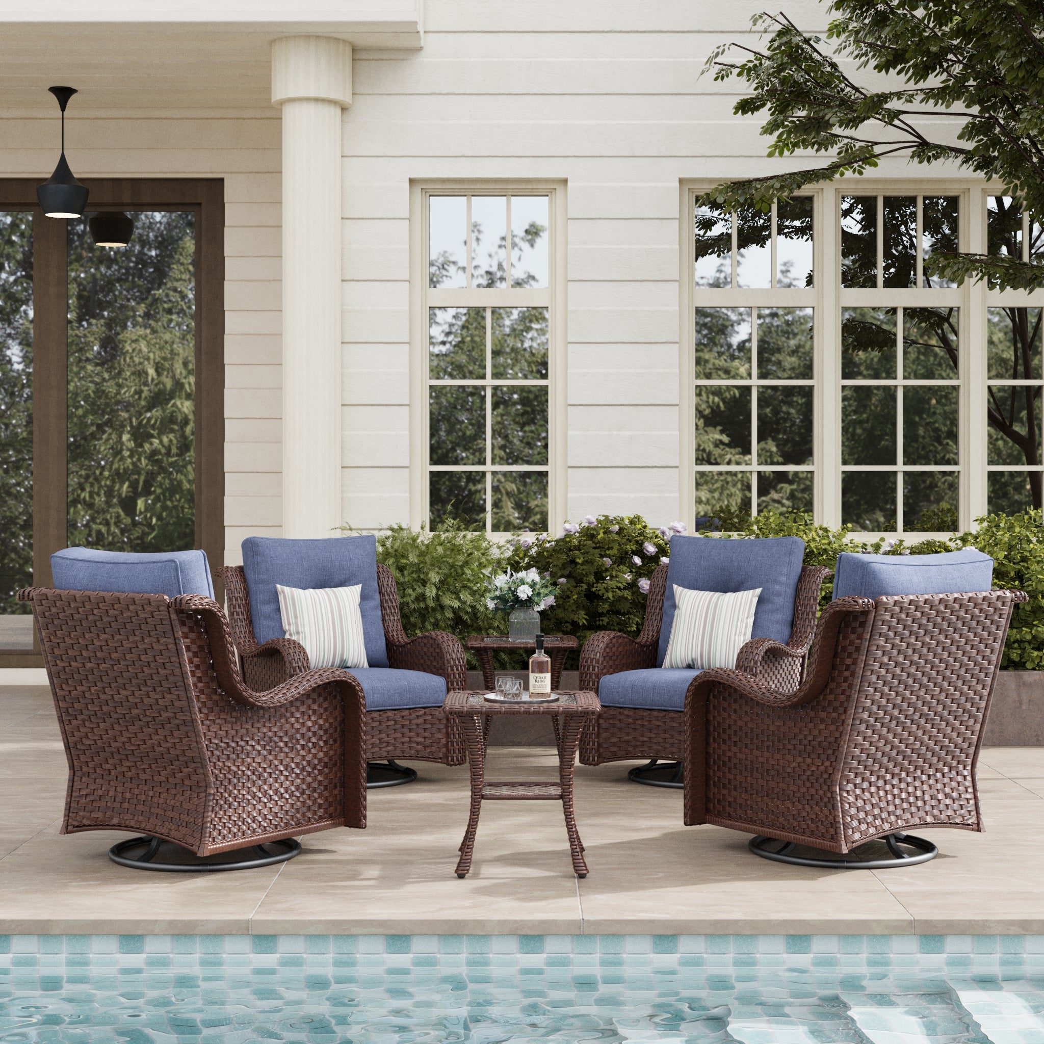 LayinSun 6-Piece Curved Armrest Wicker Swivel Glider Lounge Chairs Set