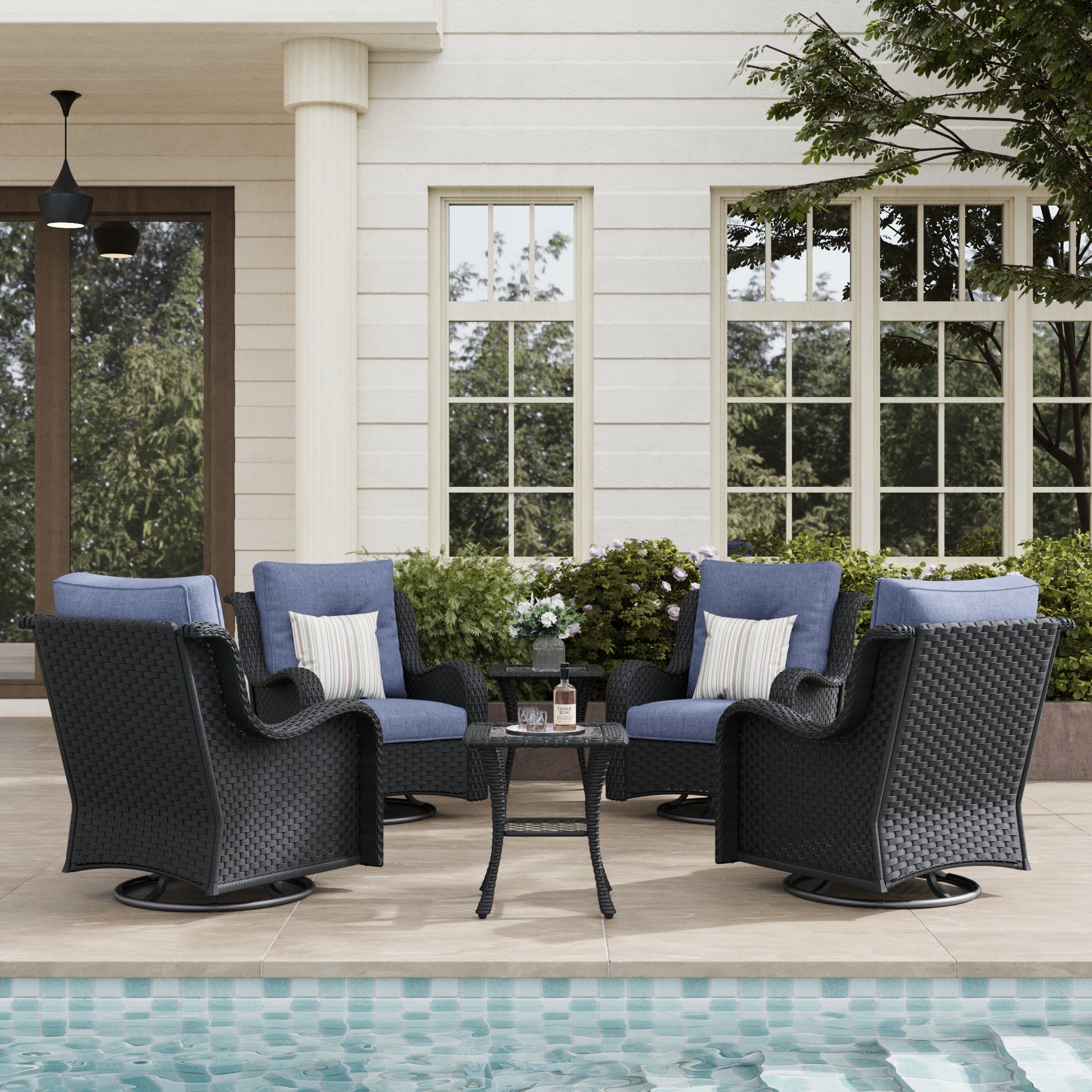 LayinSun 6-Piece Curved Armrest Wicker Swivel Glider Lounge Chairs Set
