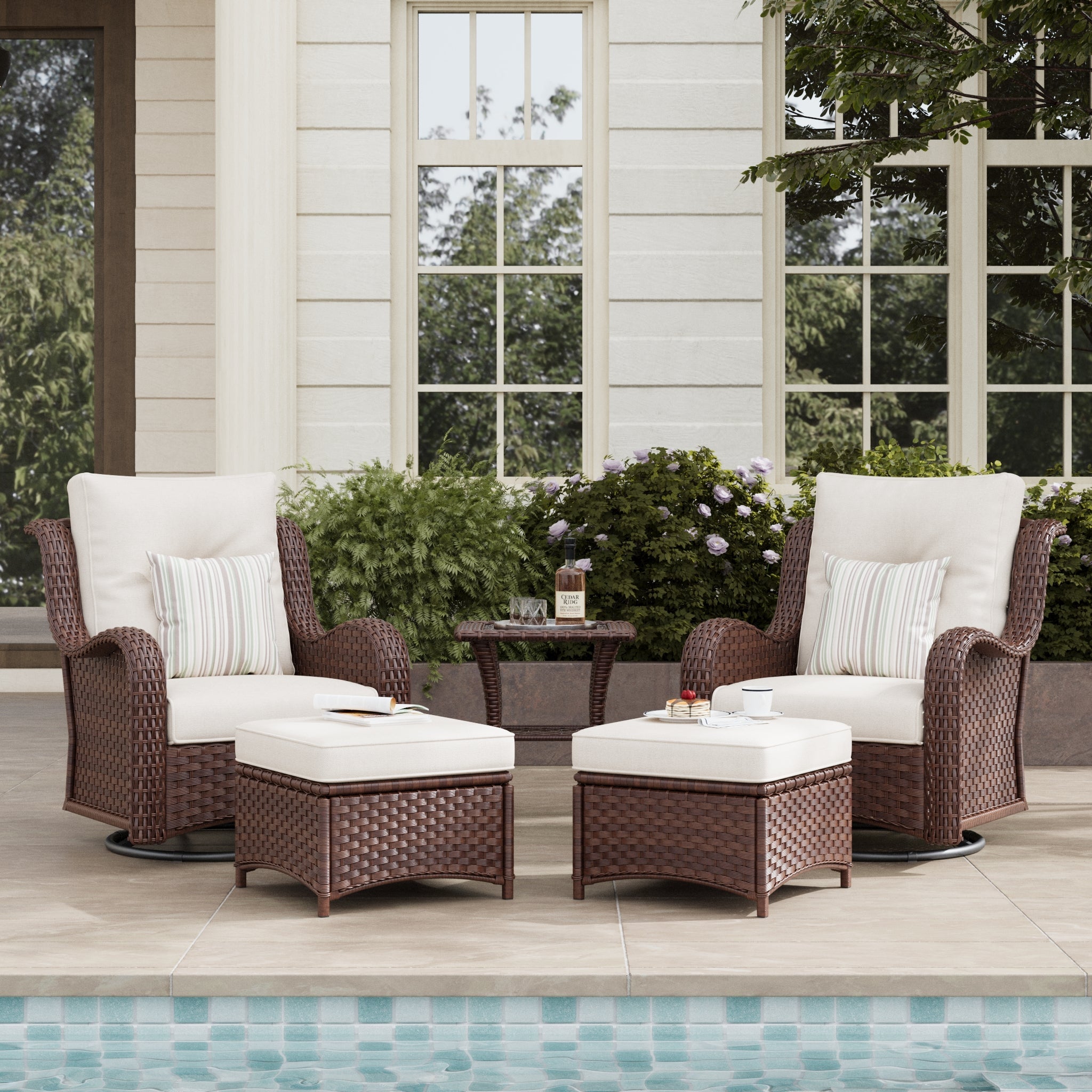LayinSun 5 - Piece Curved Armrest Wicker Swivel Glider Lounge Chairs Set with Ottomans