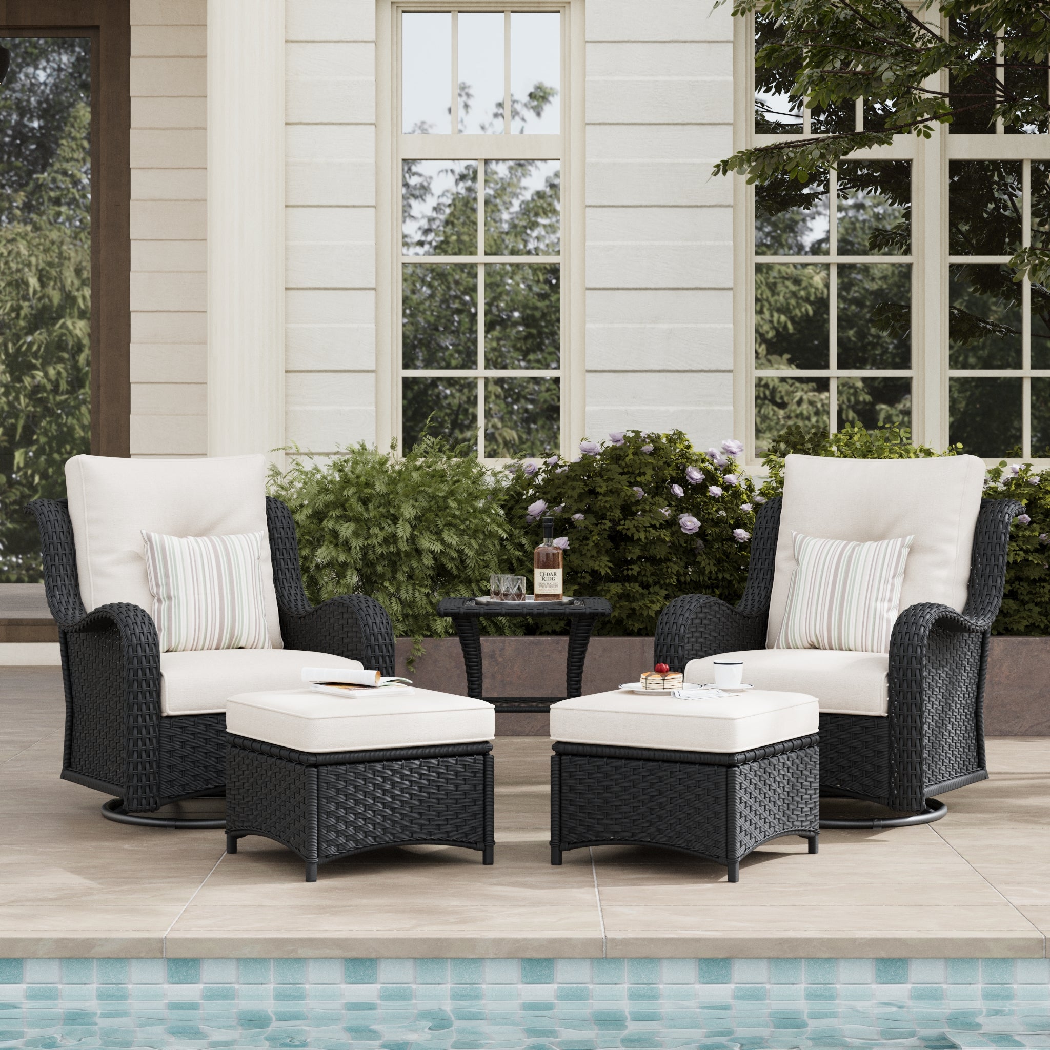 LayinSun 5 - Piece Curved Armrest Wicker Swivel Glider Lounge Chairs Set with Ottomans