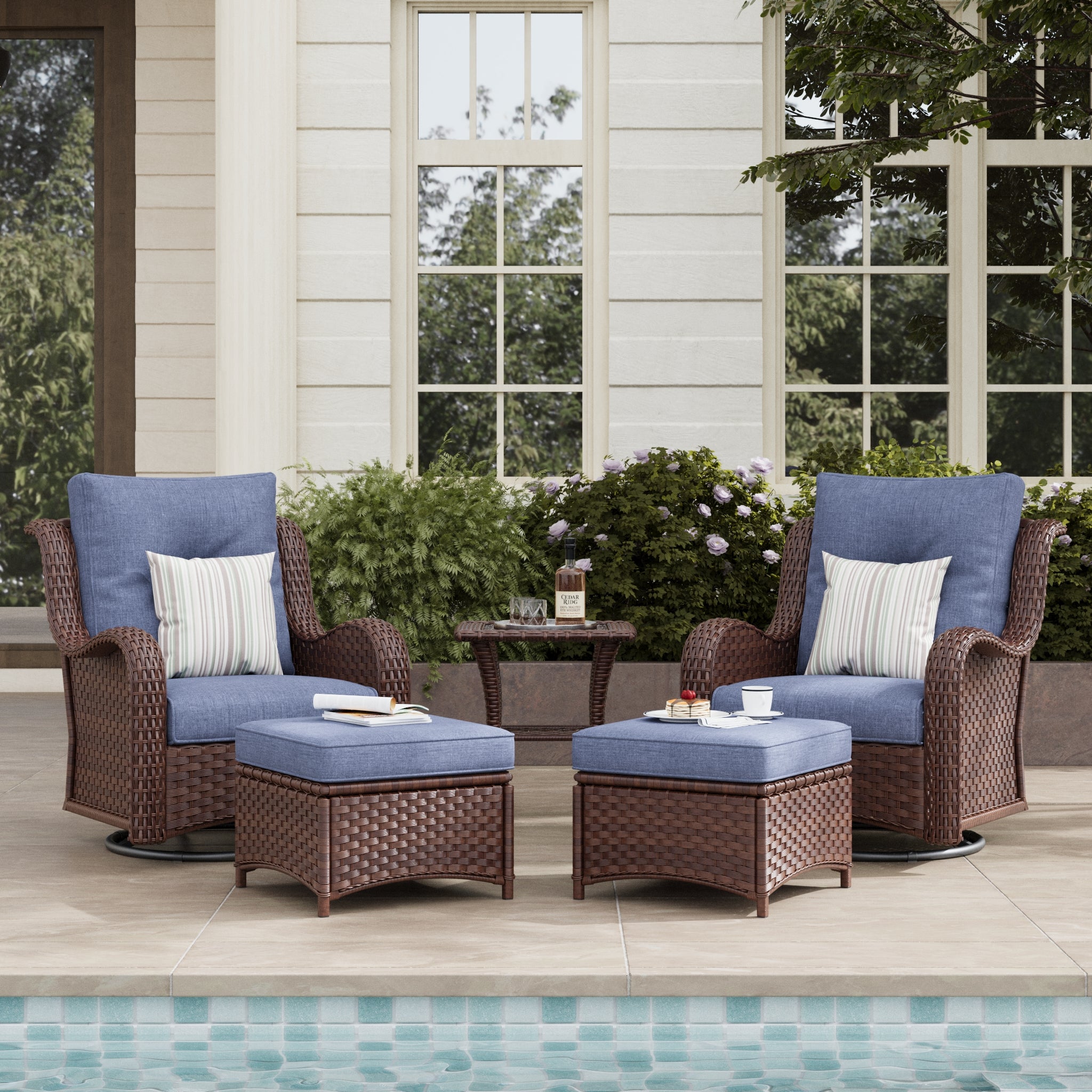 LayinSun 5 - Piece Curved Armrest Wicker Swivel Glider Lounge Chairs Set with Ottomans