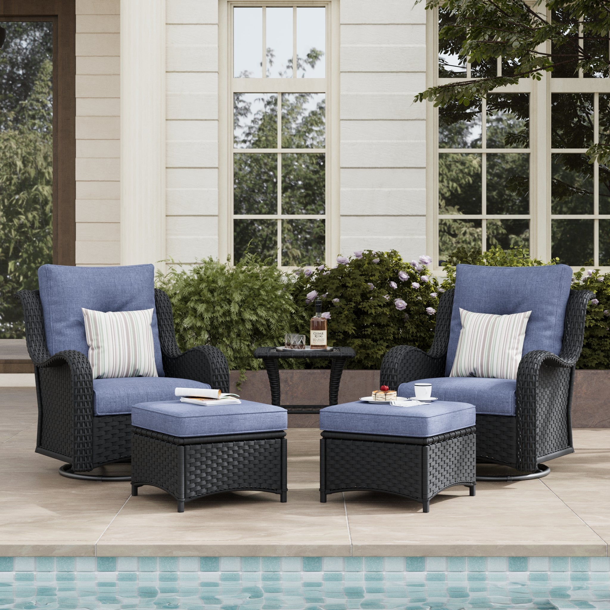 LayinSun 5 - Piece Curved Armrest Wicker Swivel Glider Lounge Chairs Set with Ottomans