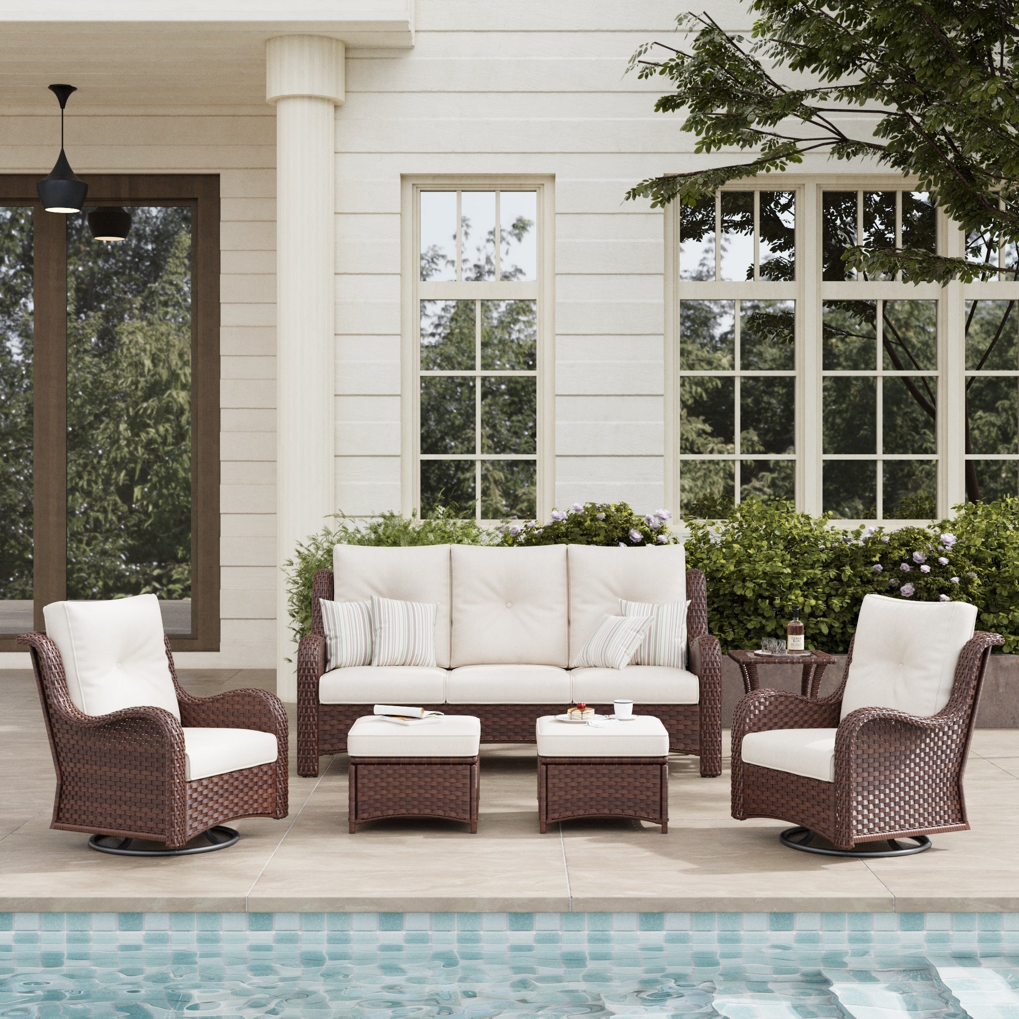 LayinSun 6 - Piece Curved Armrest Wicker Swivel Glider Lounge Chairs & Sofa Set