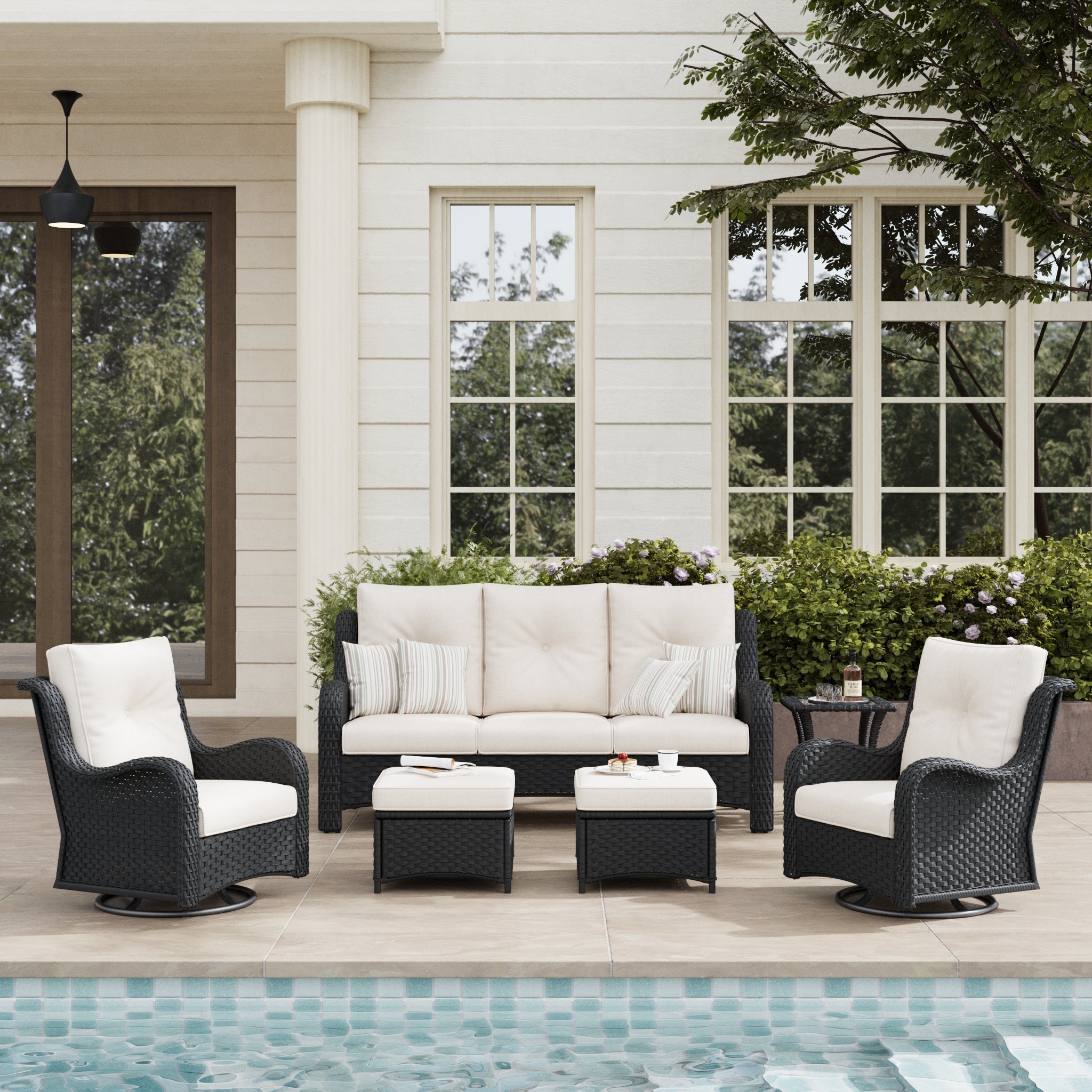 LayinSun 6 - Piece Curved Armrest Wicker Swivel Glider Lounge Chairs & Sofa Set
