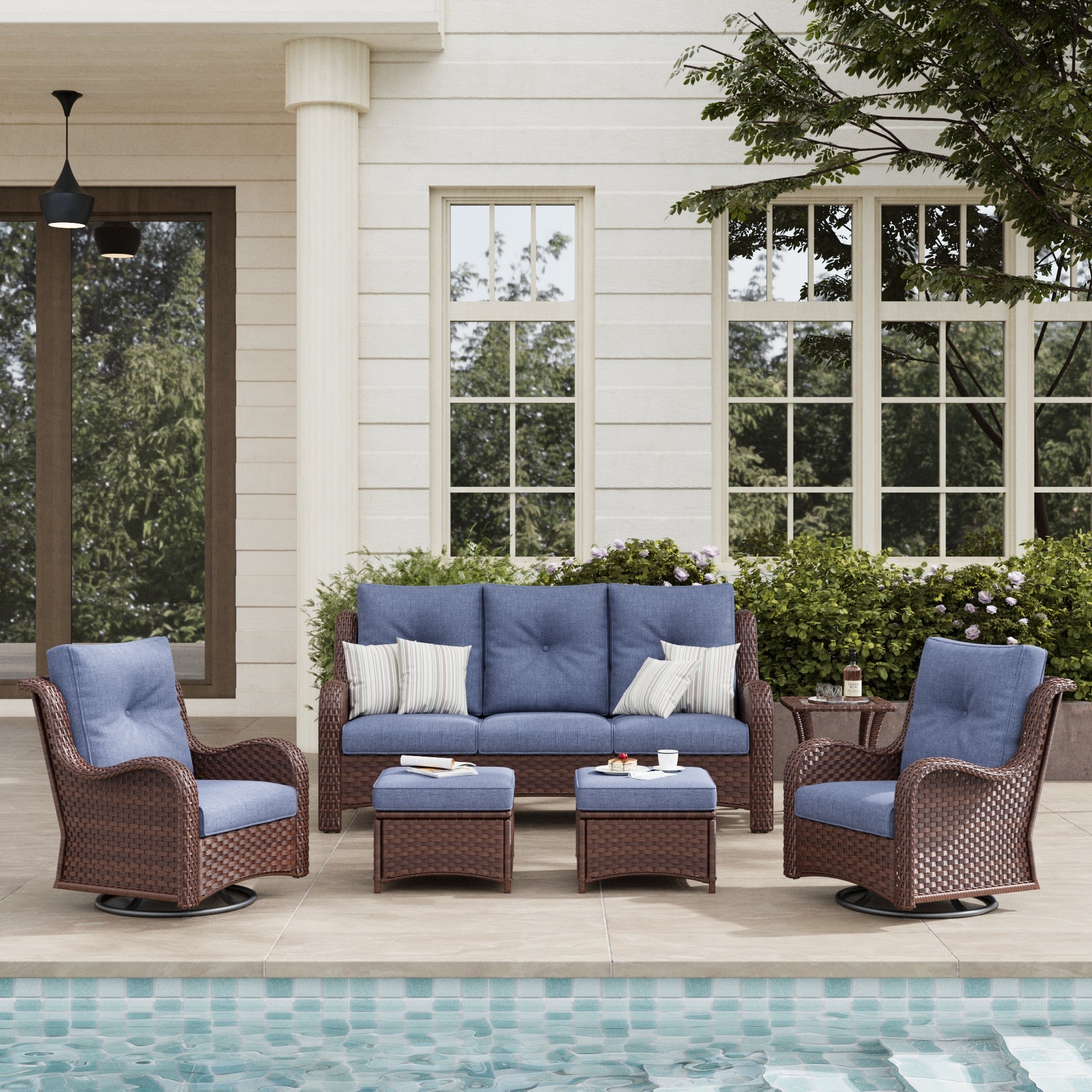 LayinSun 6 - Piece Curved Armrest Wicker Swivel Glider Lounge Chairs & Sofa Set