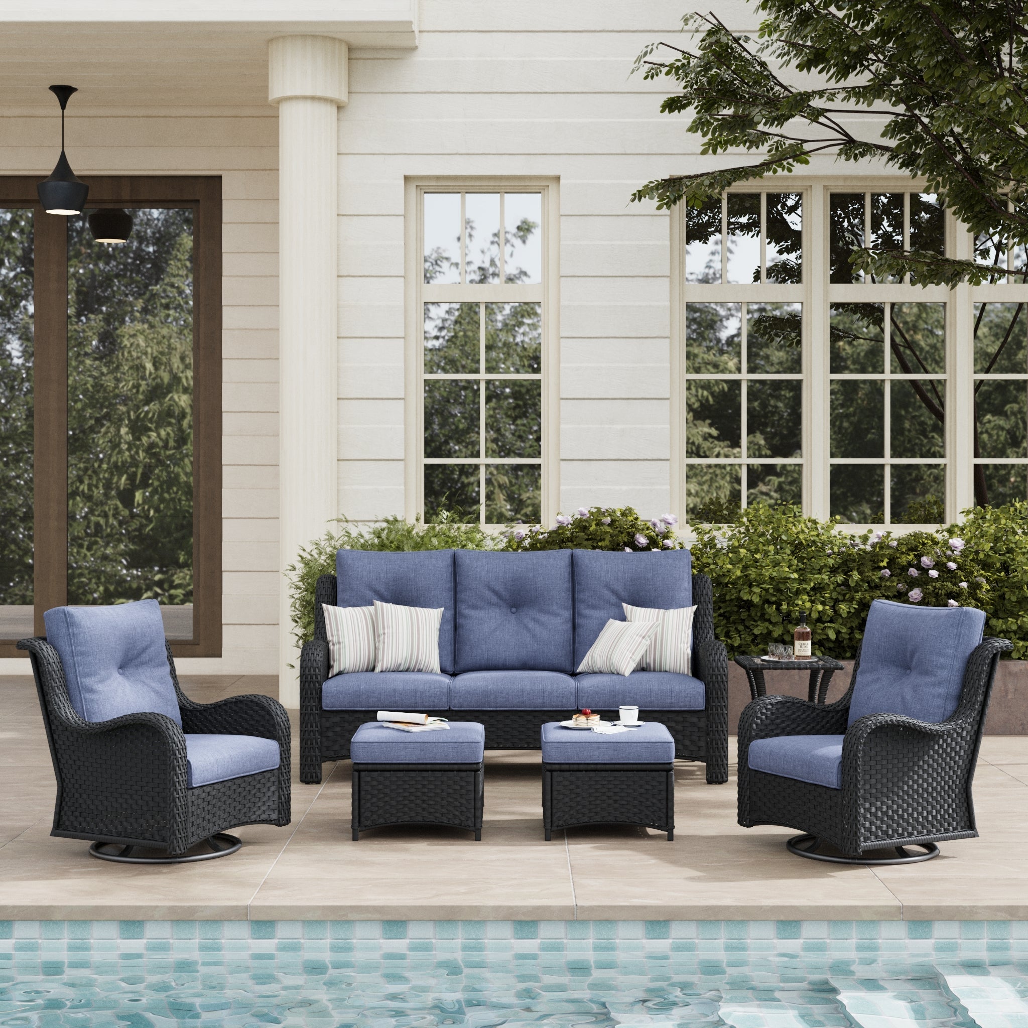 LayinSun 6 - Piece Curved Armrest Wicker Swivel Glider Lounge Chairs & Sofa Set