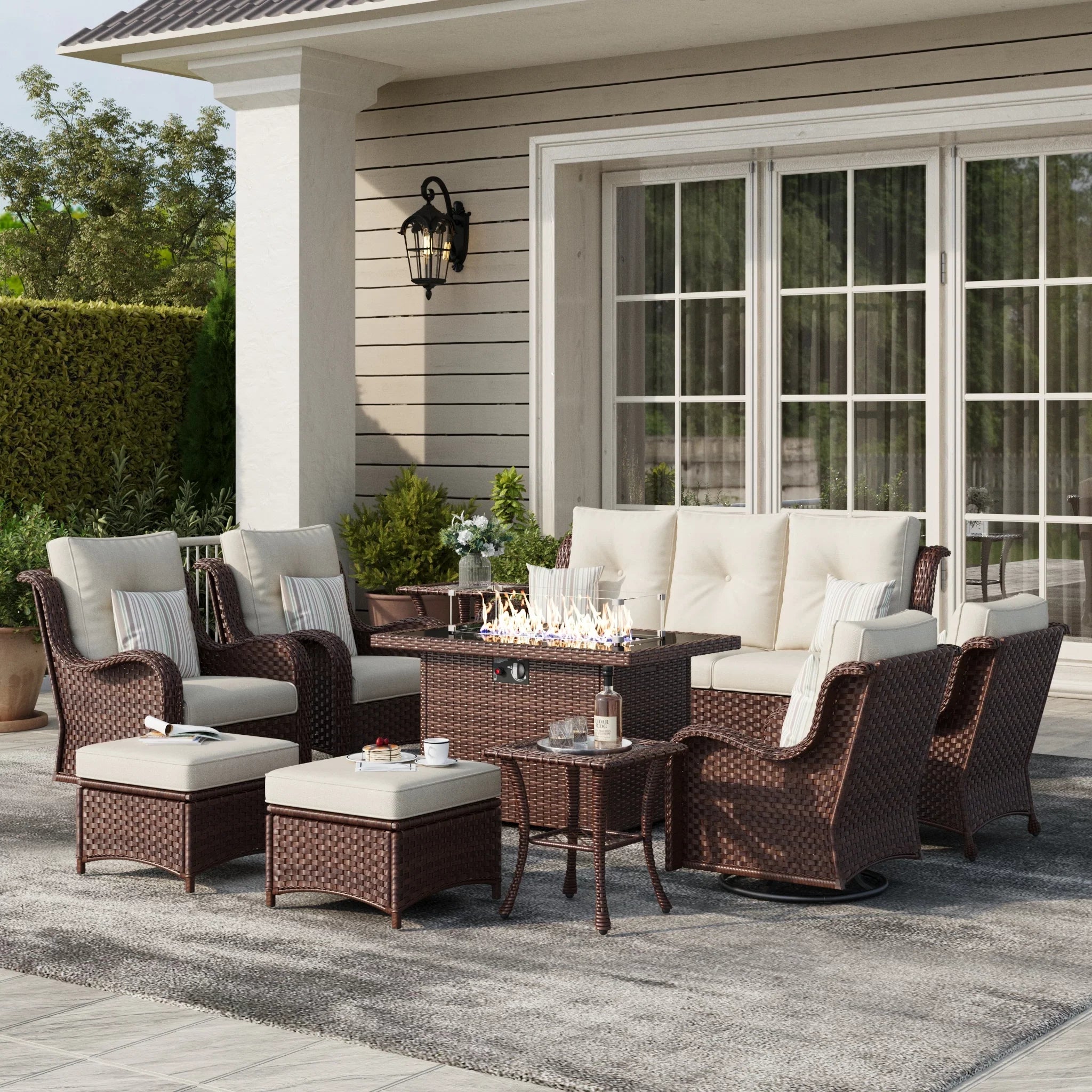LayinSun 10 - Piece Outdoor Conversation Set with 44'' Propane Fire Pit Table and Swivel Chairs