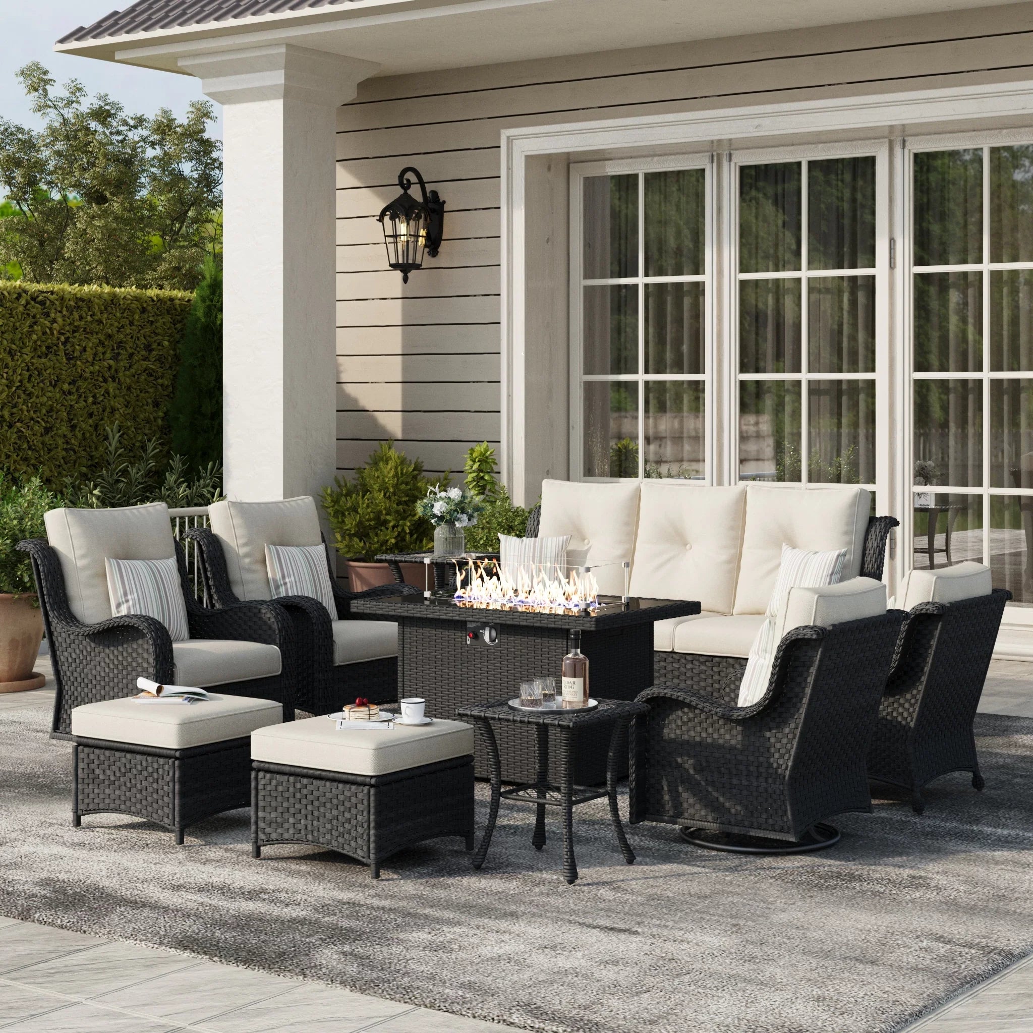 LayinSun 10 - Piece Outdoor Conversation Set with 44'' Propane Fire Pit Table and Swivel Chairs