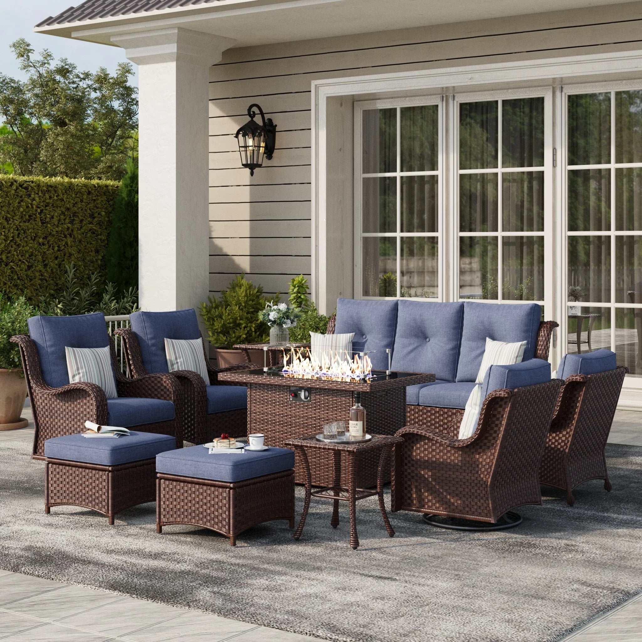 LayinSun 10 - Piece Outdoor Conversation Set with 44'' Propane Fire Pit Table and Swivel Chairs