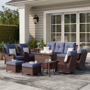 LayinSun 10 - Piece Outdoor Conversation Set with 44'' Propane Fire Pit Table and Swivel Chairs