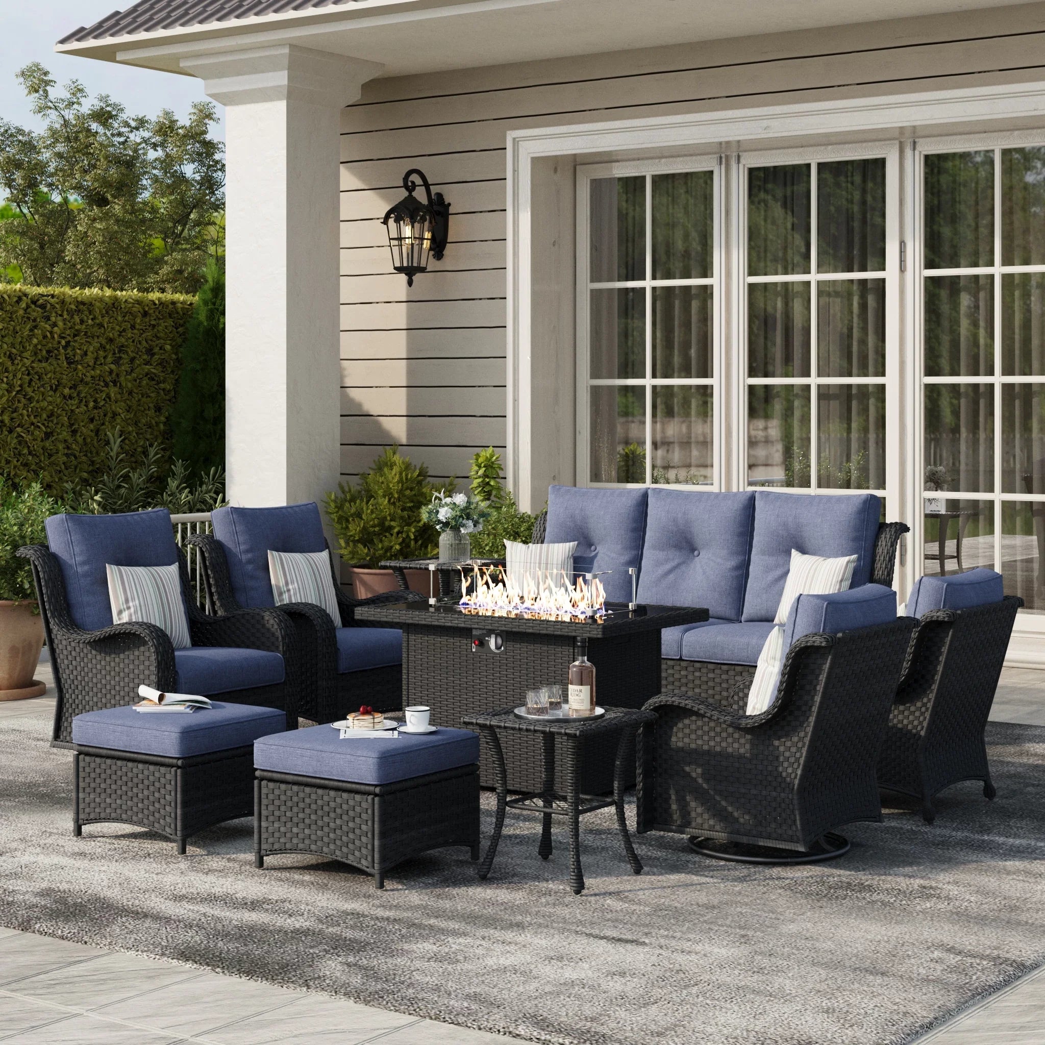 LayinSun 10 - Piece Outdoor Conversation Set with 44'' Propane Fire Pit Table and Swivel Chairs