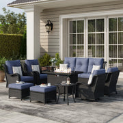 LayinSun 10 - Piece Outdoor Conversation Set with 44'' Propane Fire Pit Table and Swivel Chairs