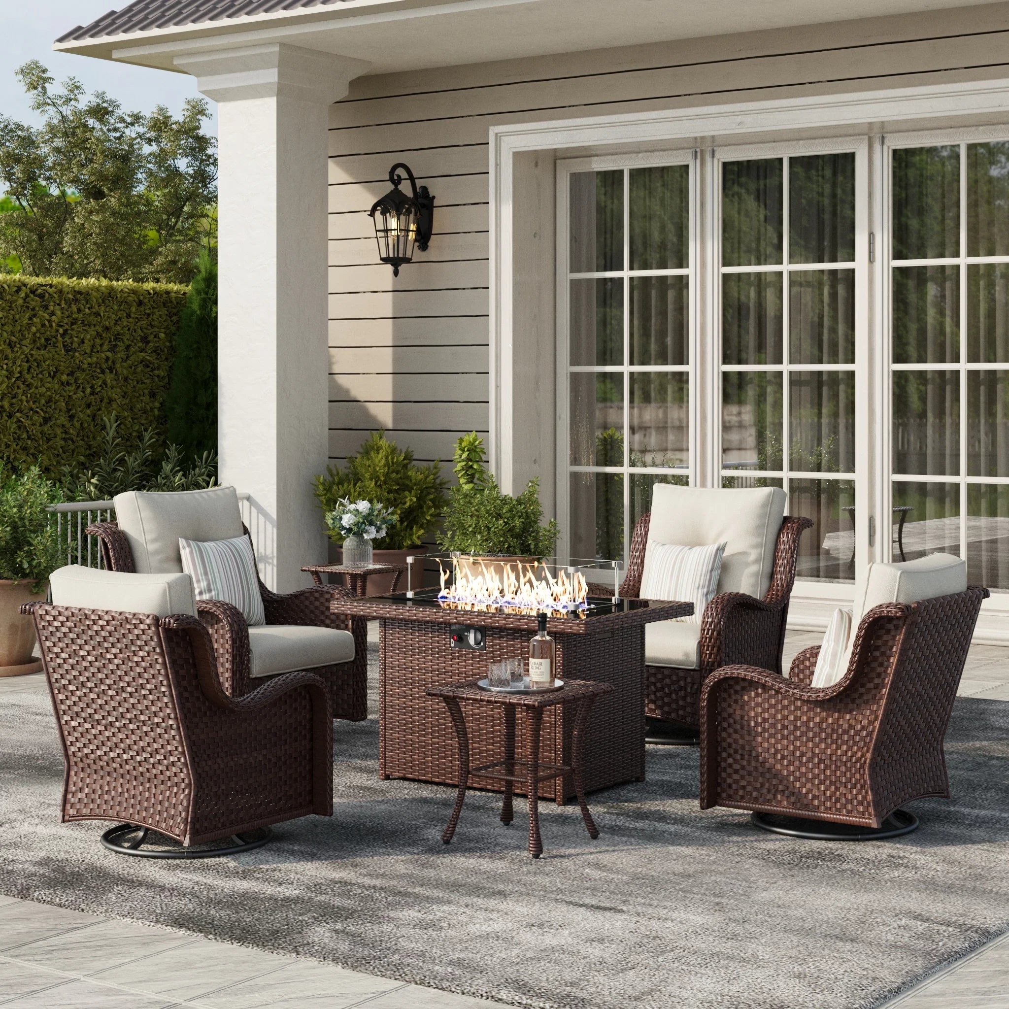 LayinSun 7 - Piece Outdoor Conversation Set with 44'' Propane Fire Pit Table and Swivel Chairs