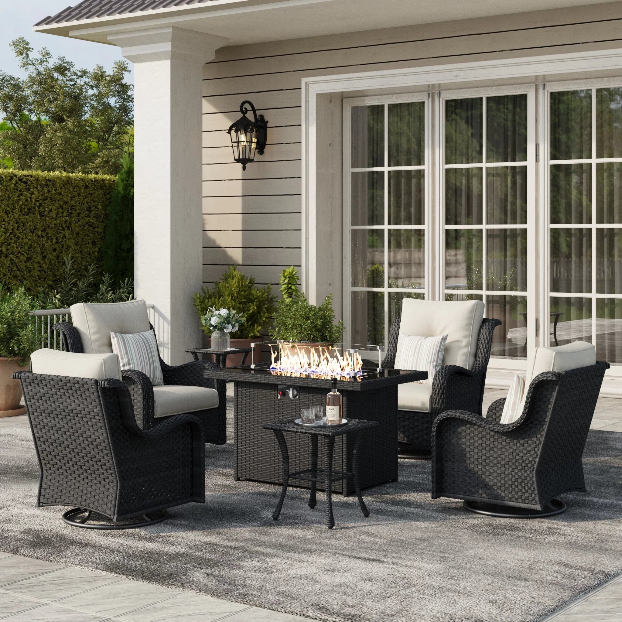 LayinSun 7 - Piece Outdoor Conversation Set with 44'' Propane Fire Pit Table and Swivel Chairs