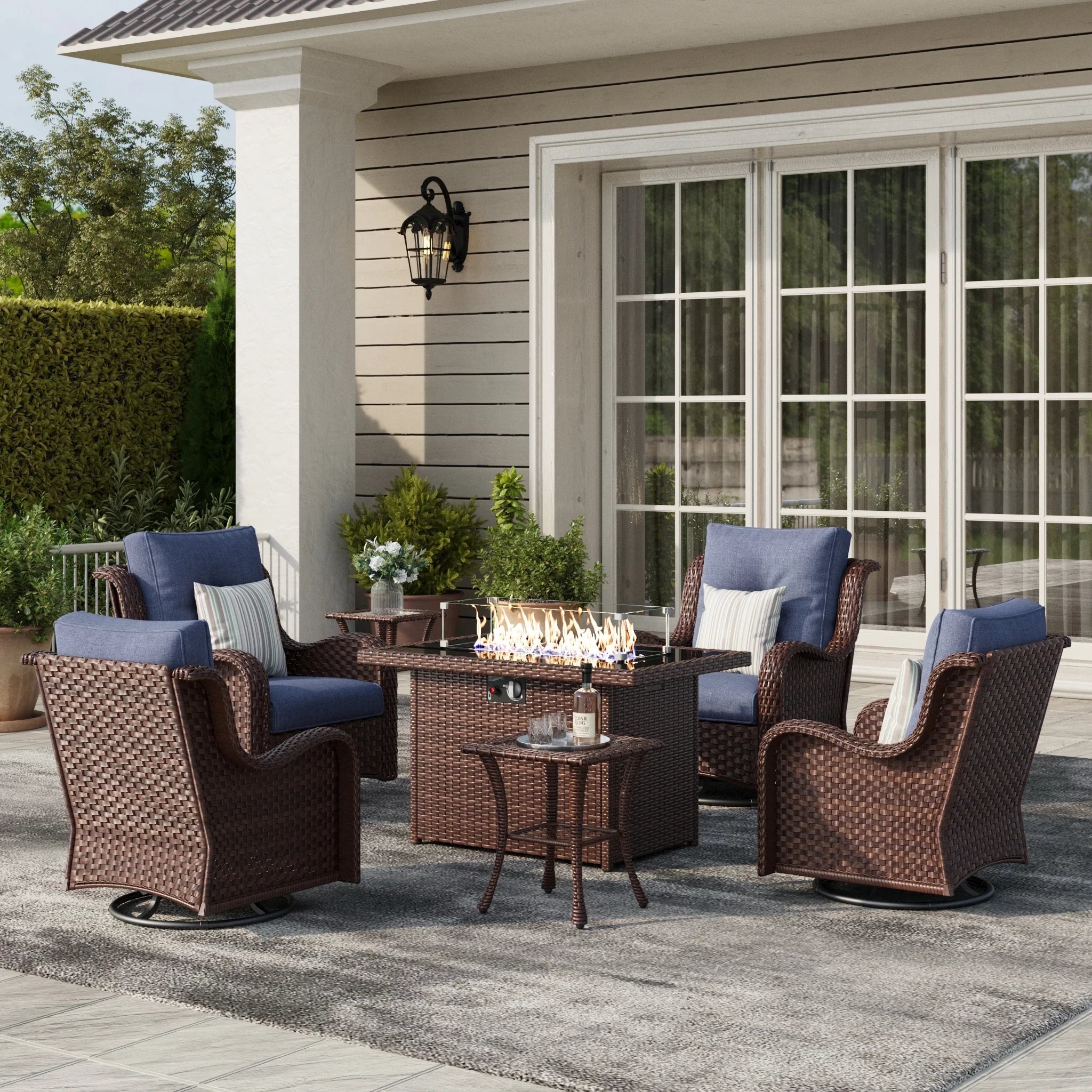 LayinSun 7 - Piece Outdoor Conversation Set with 44'' Propane Fire Pit Table and Swivel Chairs