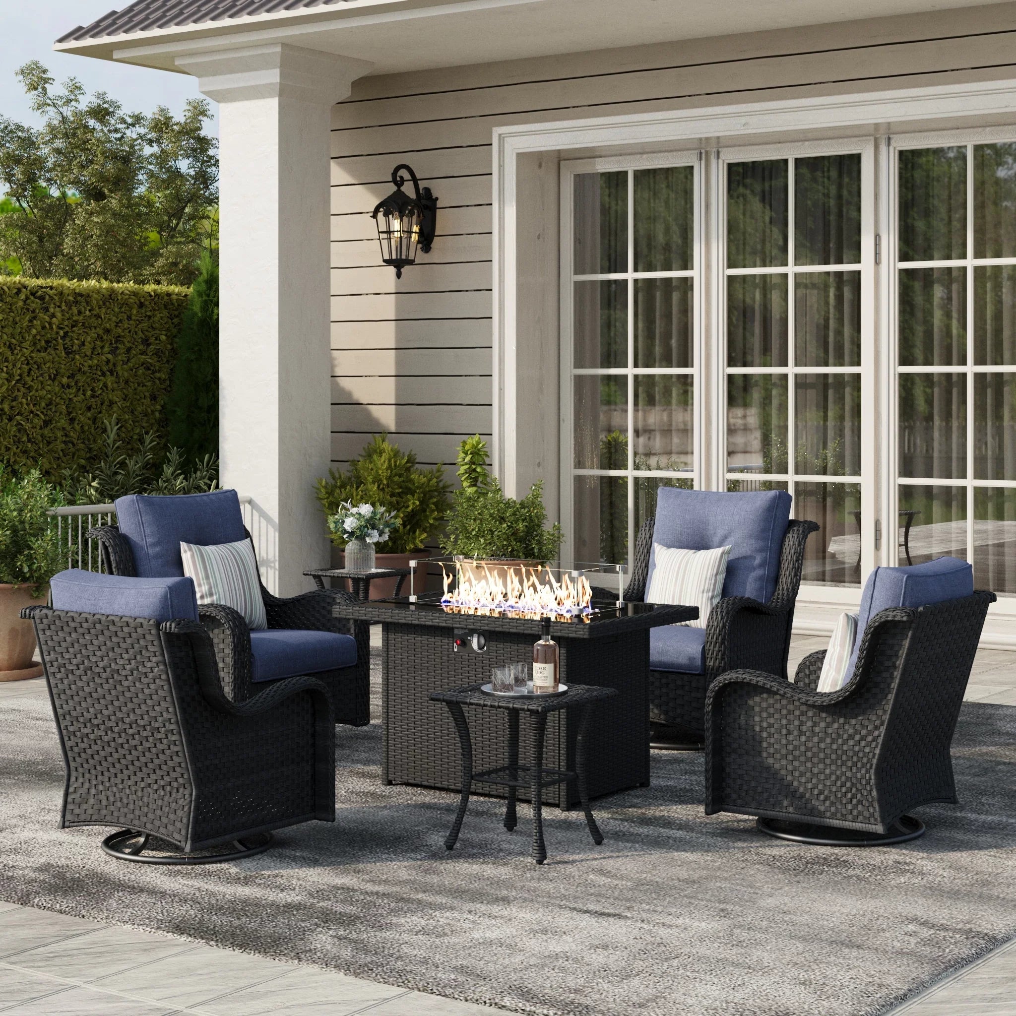 LayinSun 7 - Piece Outdoor Conversation Set with 44'' Propane Fire Pit Table and Swivel Chairs