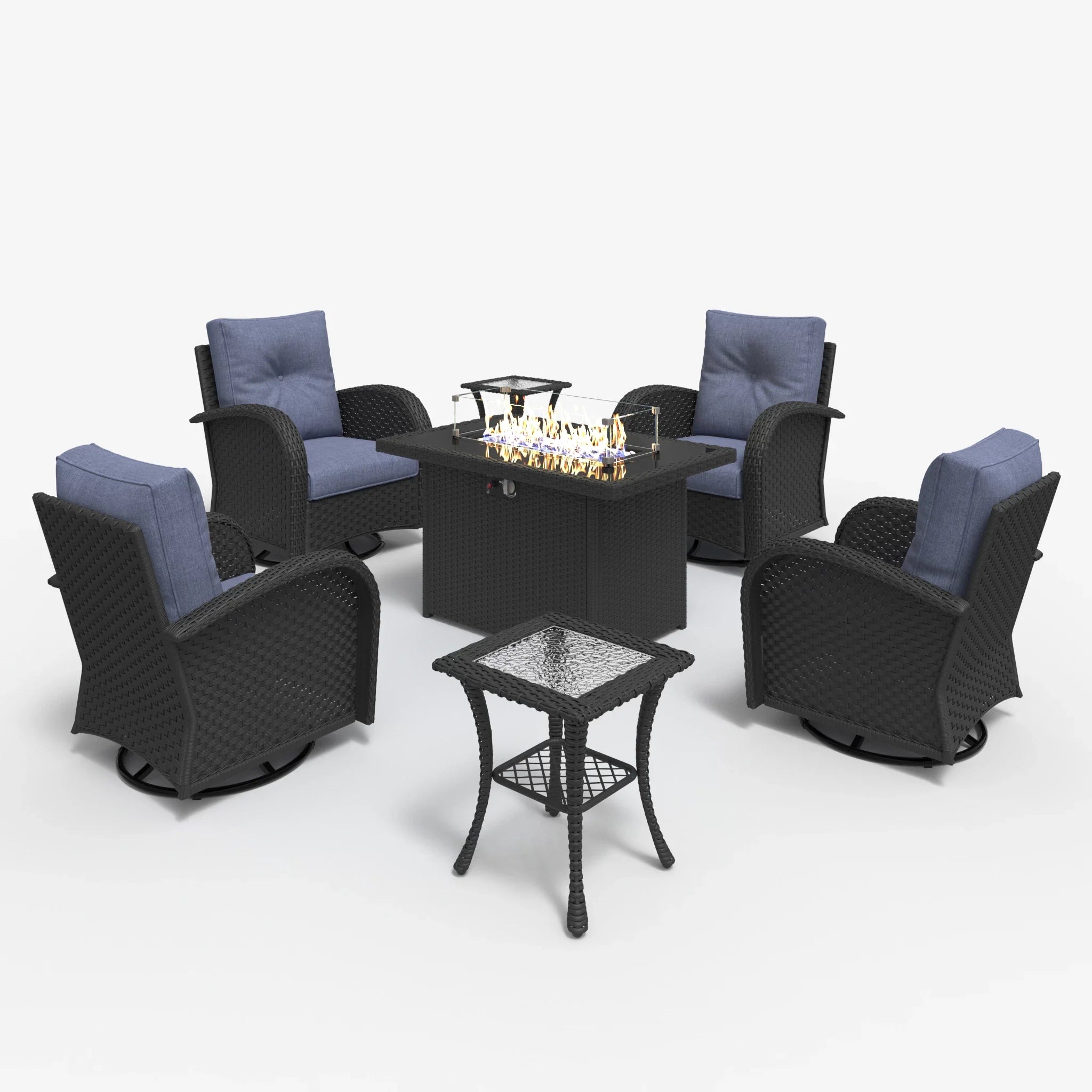 LayinSun 7 - Piece Outdoor Wicker Swivel Chairs Conversation Set with Fire Pit Table