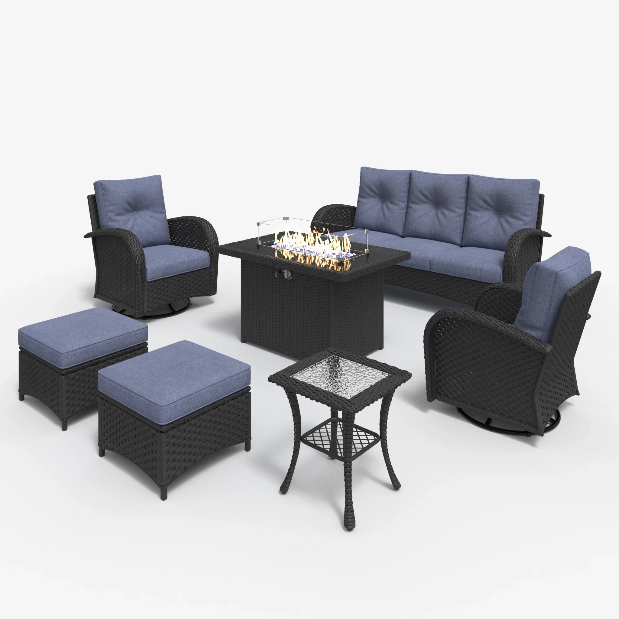 LayinSun 7 - Piece Outdoor Wicker Swivel Chairs Conversation Set with Fire Pit Table