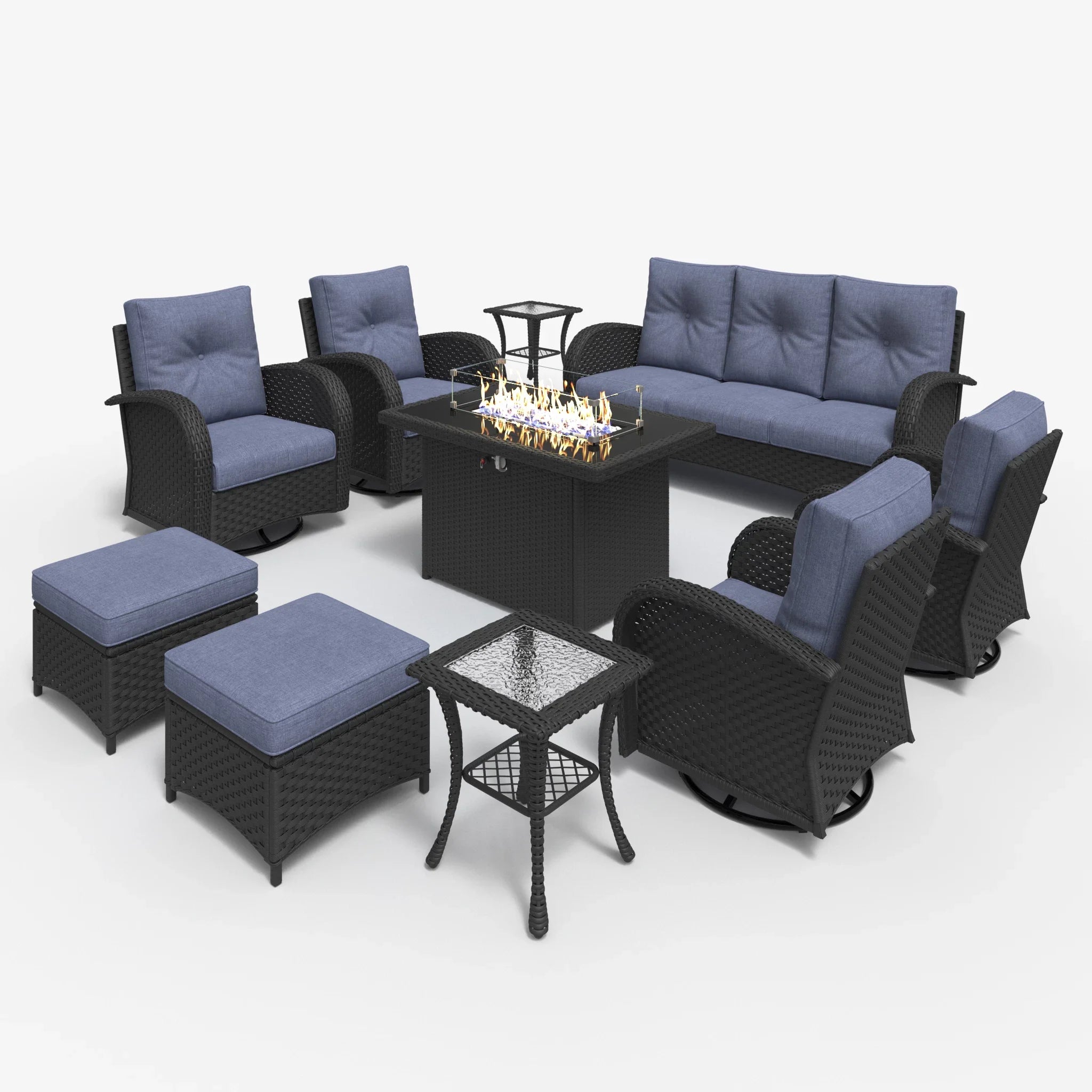 LayinSun 10 - Piece Outdoor Wicker Swivel Chairs Conversation Set with Fire Pit Table
