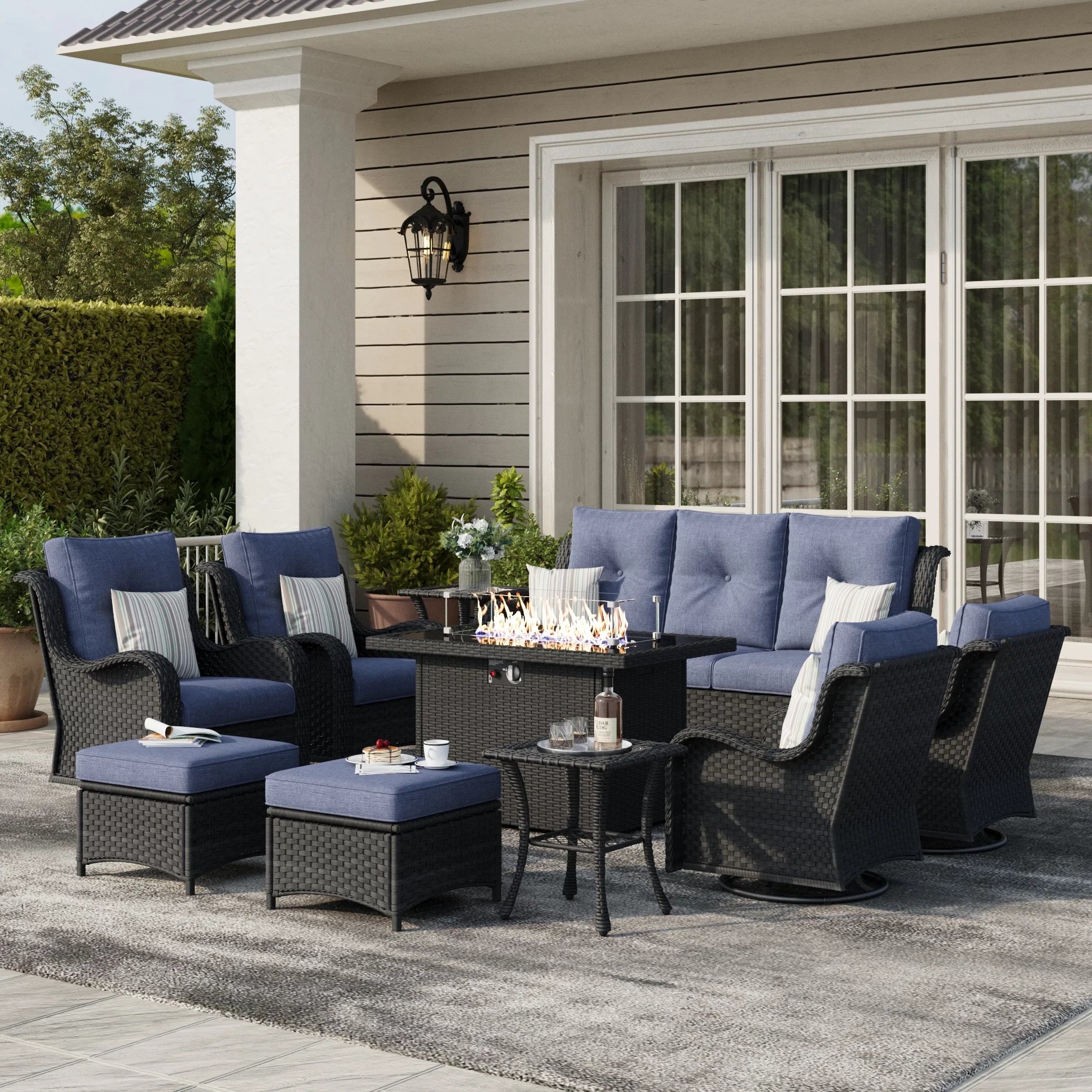 LayinSun 10 - Piece Outdoor Conversation Set with 44'' Propane Fire Pit Table and Swivel Chairs
