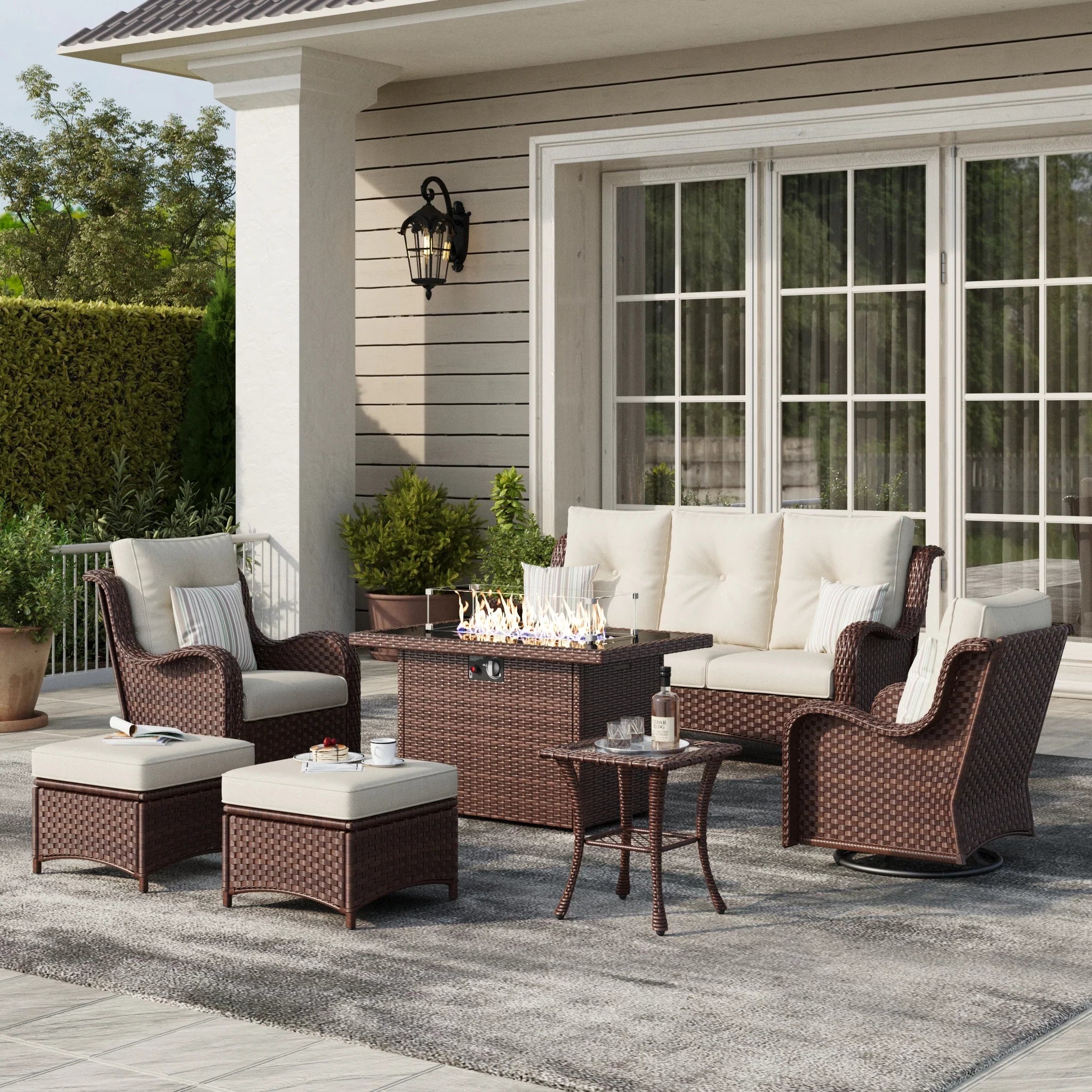 LayinSun 7 - Piece Outdoor Conversation Set with 44'' Propane Fire Pit Table and Swivel Chairs