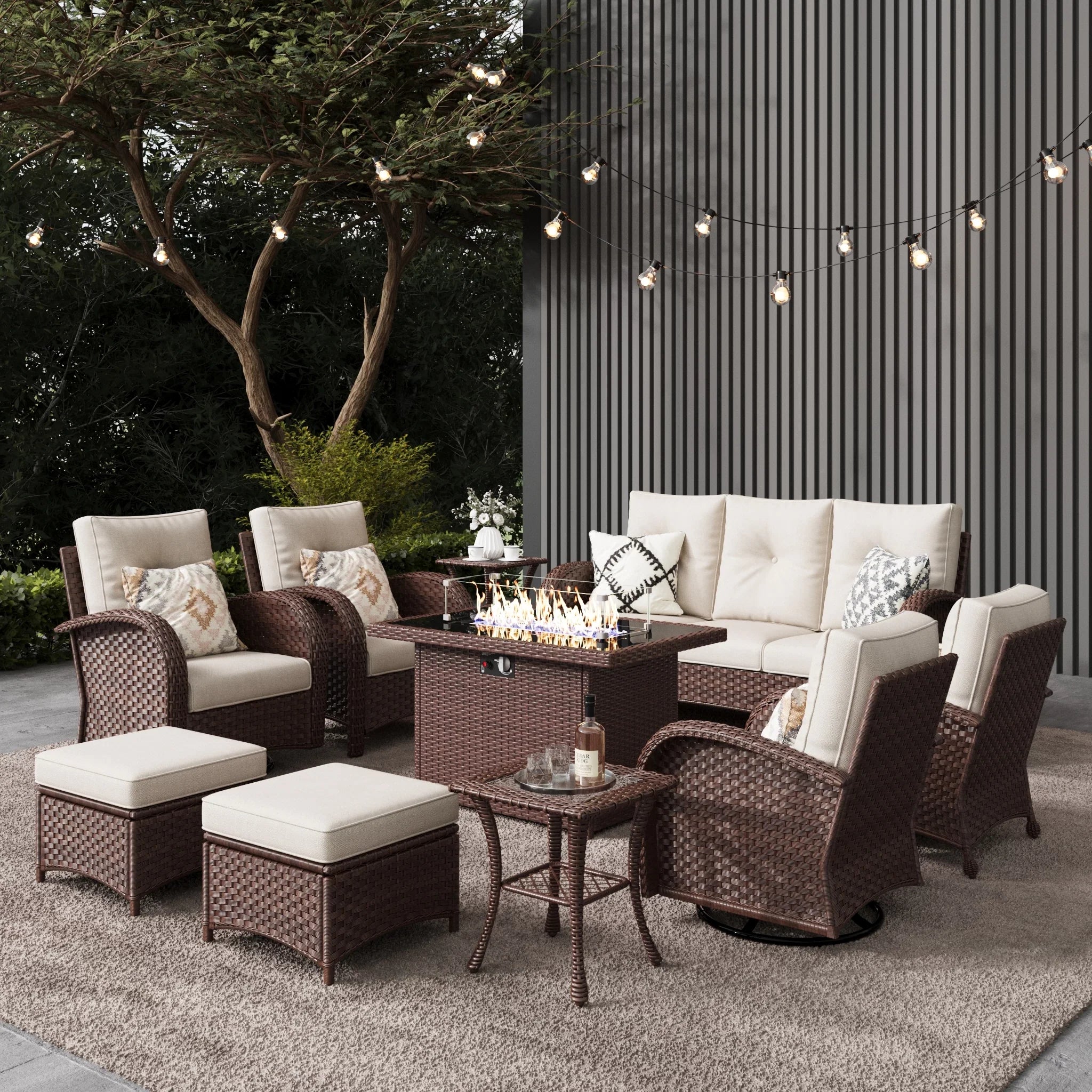 LayinSun 10 - Piece Outdoor Wicker Swivel Chairs Conversation Set with Fire Pit Table