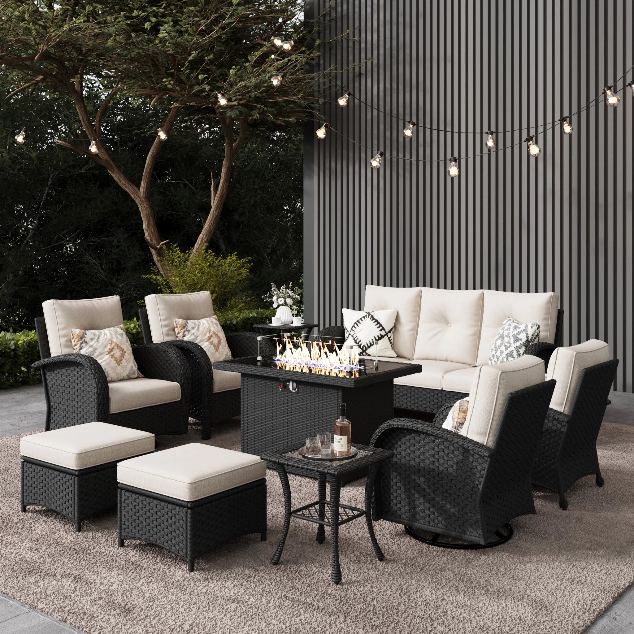 LayinSun 10 - Piece Outdoor Wicker Swivel Chairs Conversation Set with Fire Pit Table