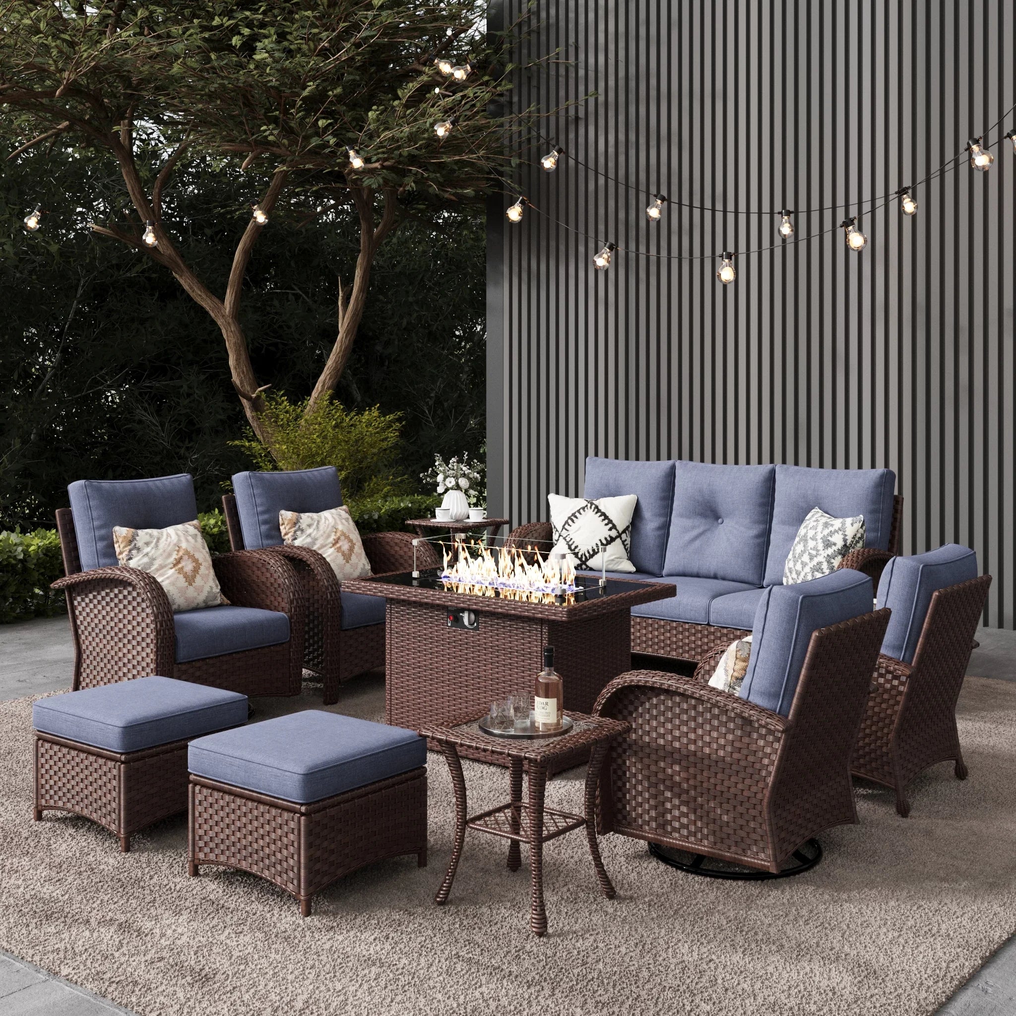 LayinSun 10 - Piece Outdoor Wicker Swivel Chairs Conversation Set with Fire Pit Table
