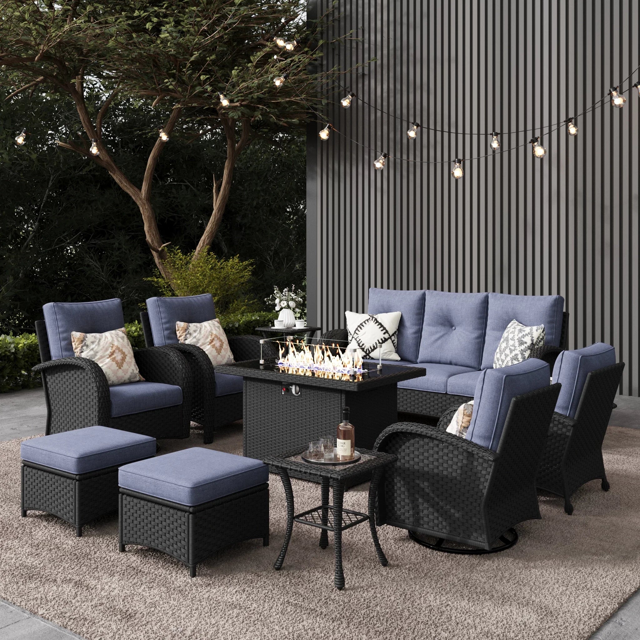 LayinSun 10 - Piece Outdoor Wicker Swivel Chairs Conversation Set with Fire Pit Table