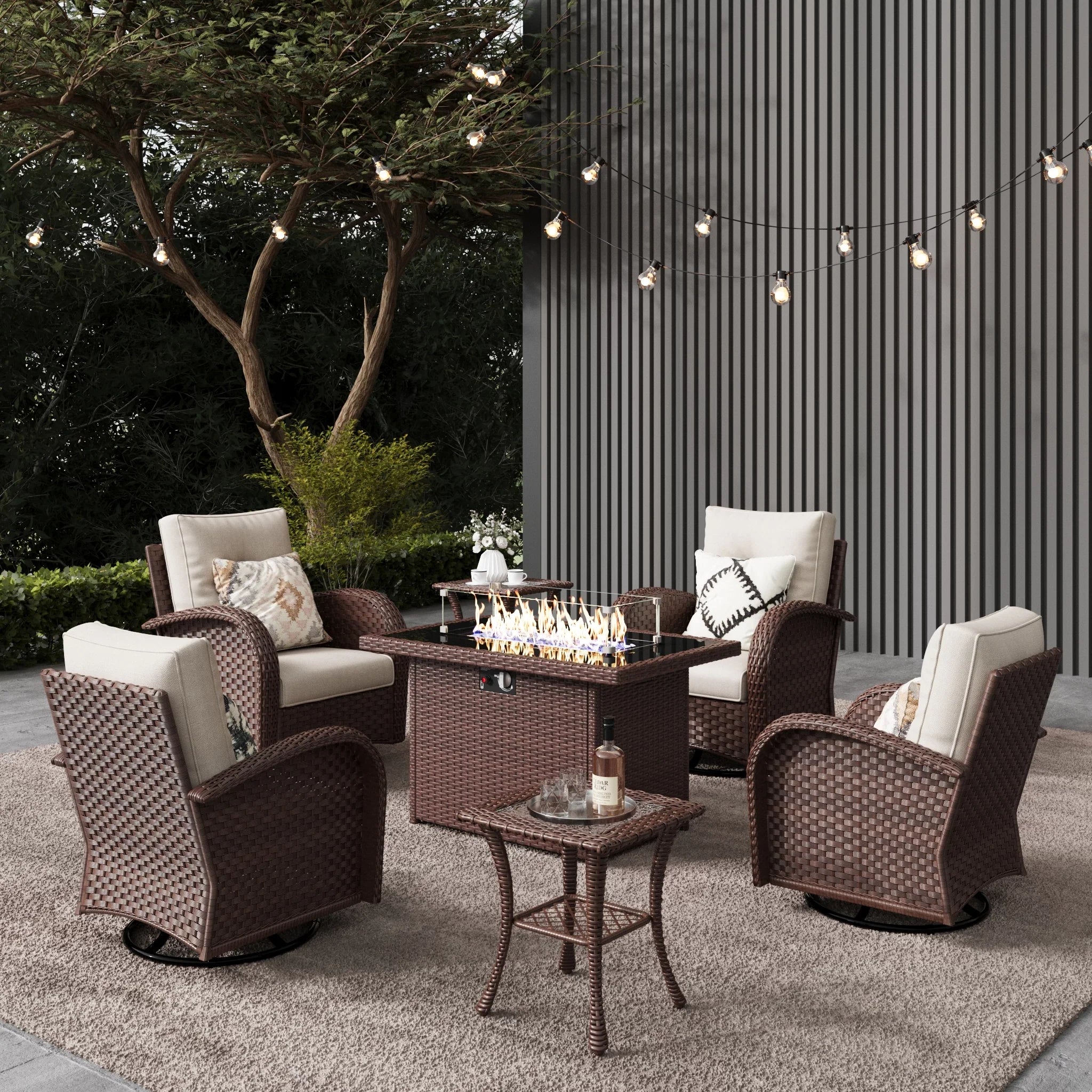 LayinSun 7 - Piece Outdoor Wicker Swivel Chairs Conversation Set with Fire Pit Table