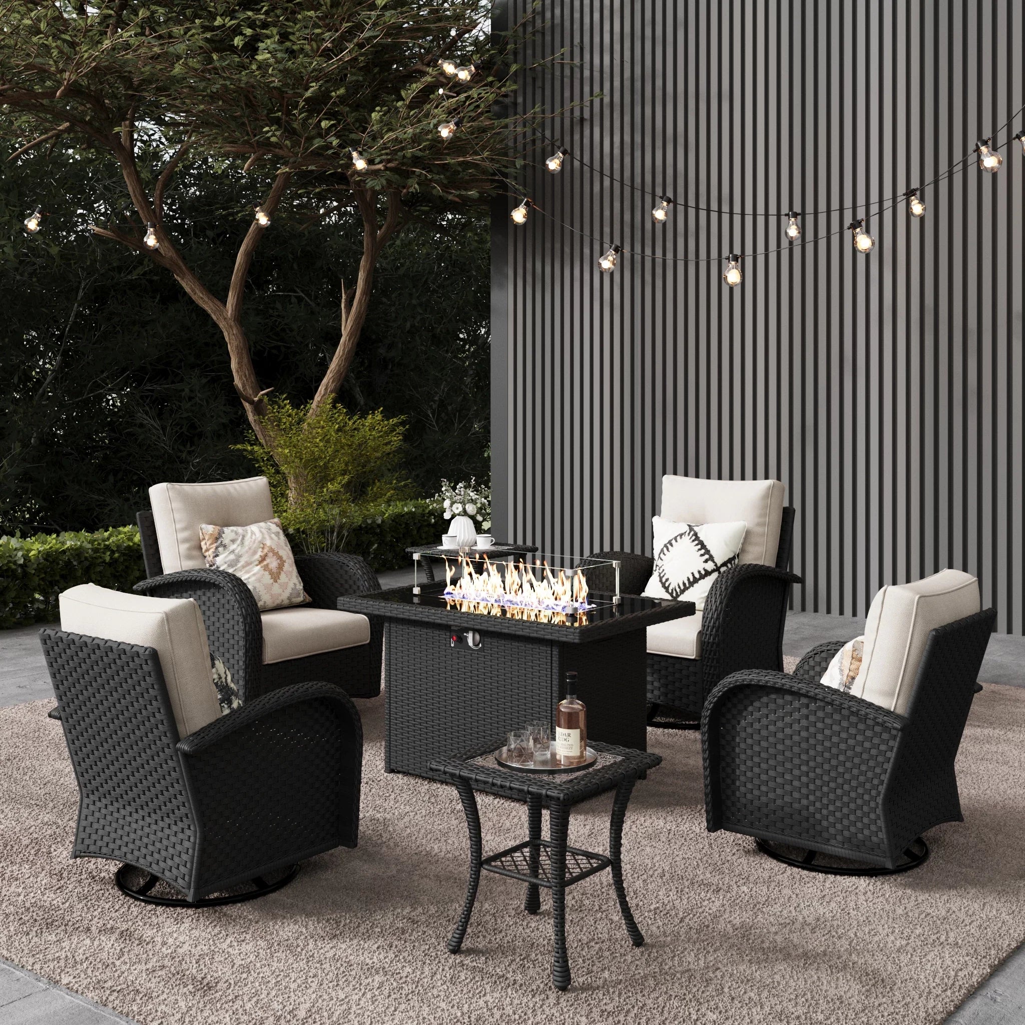 LayinSun 7 - Piece Outdoor Wicker Swivel Chairs Conversation Set with Fire Pit Table