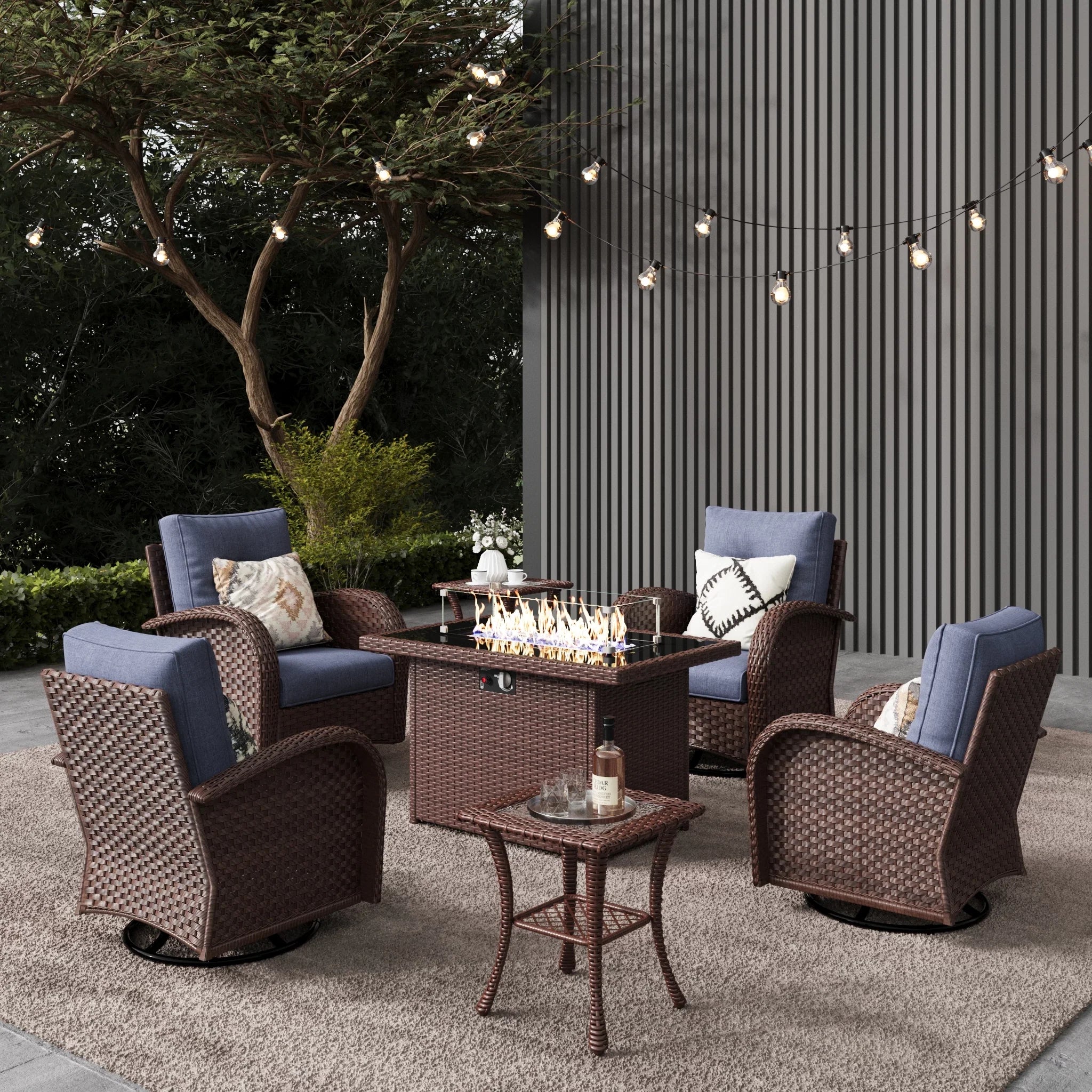 LayinSun 7 - Piece Outdoor Wicker Swivel Chairs Conversation Set with Fire Pit Table