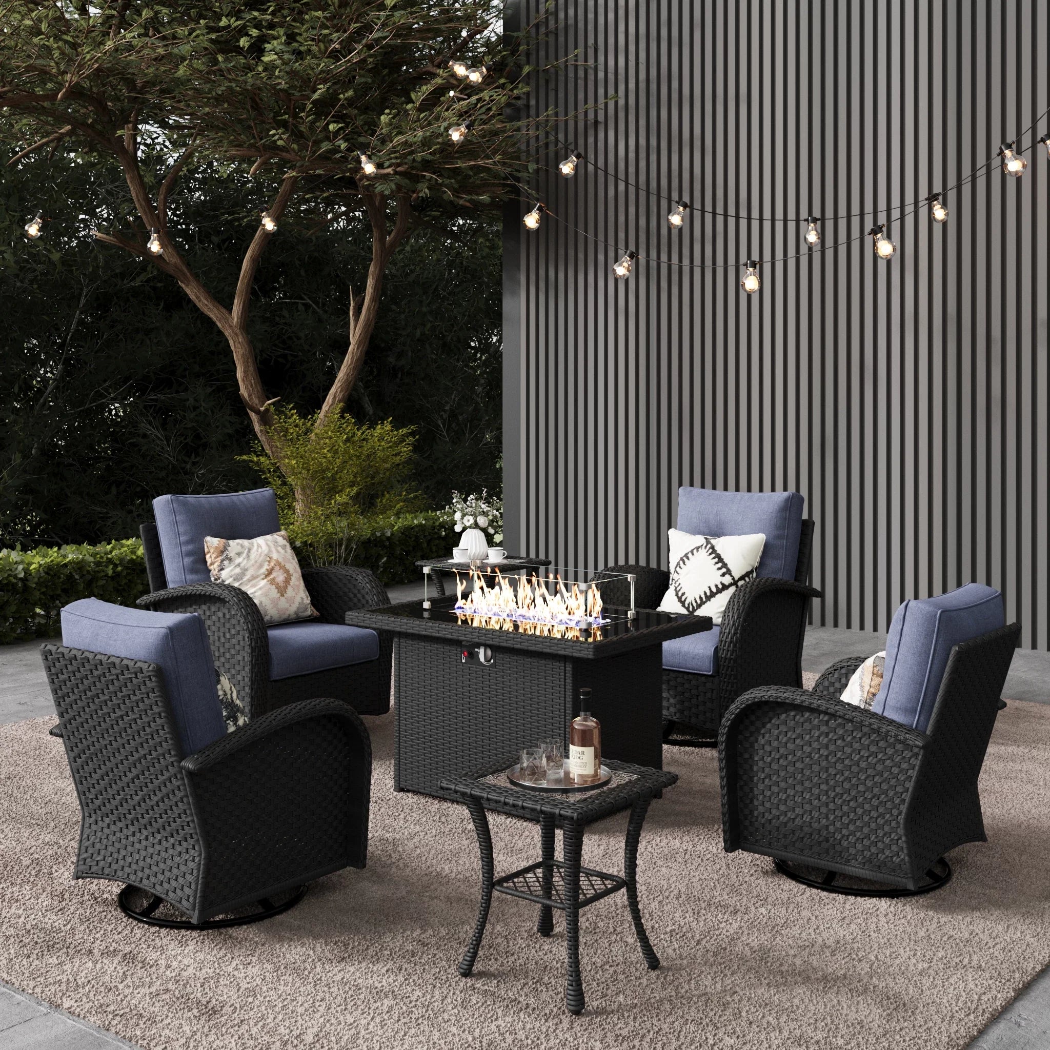 LayinSun 7 - Piece Outdoor Wicker Swivel Chairs Conversation Set with Fire Pit Table