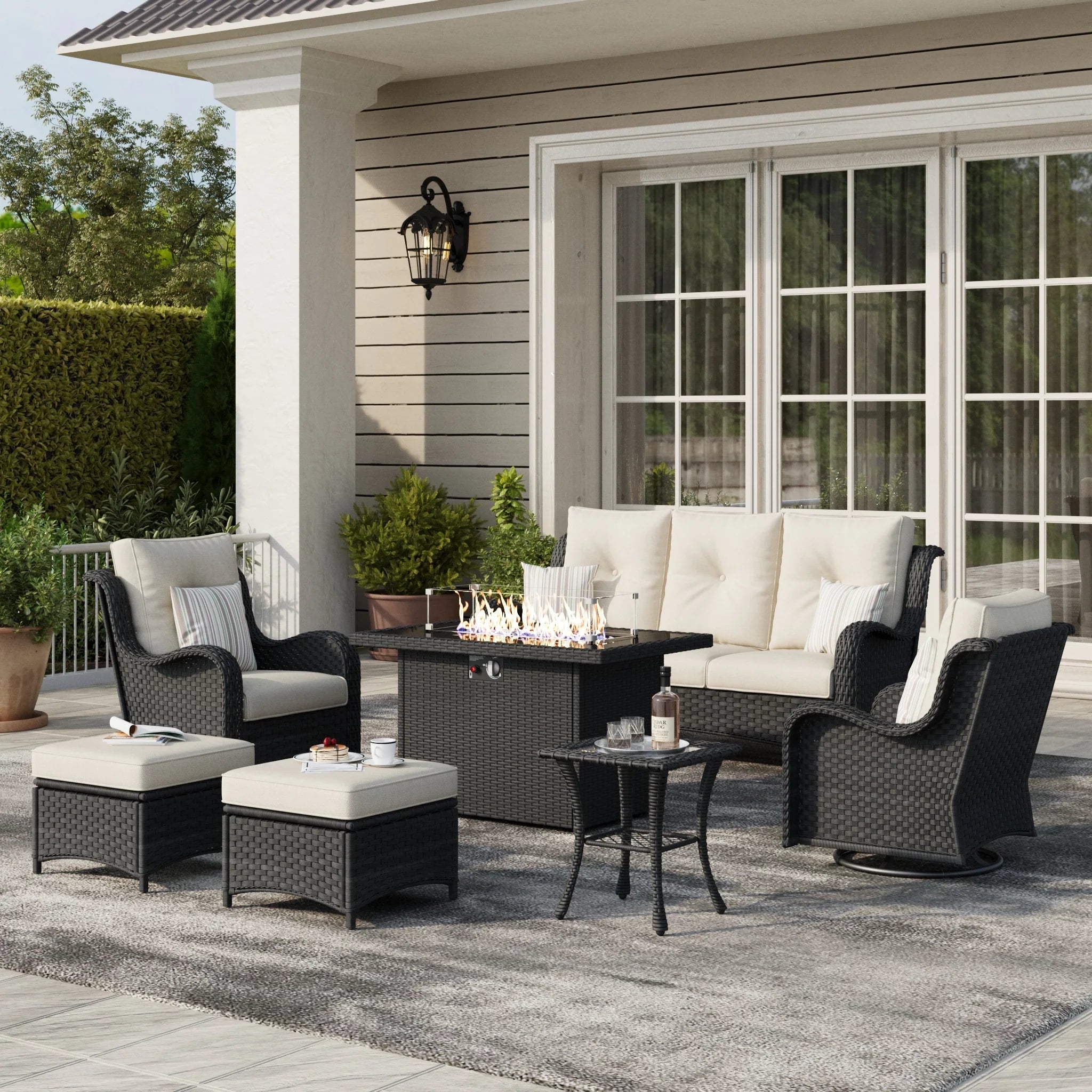 LayinSun 7 - Piece Outdoor Conversation Set with 44'' Propane Fire Pit Table and Swivel Chairs
