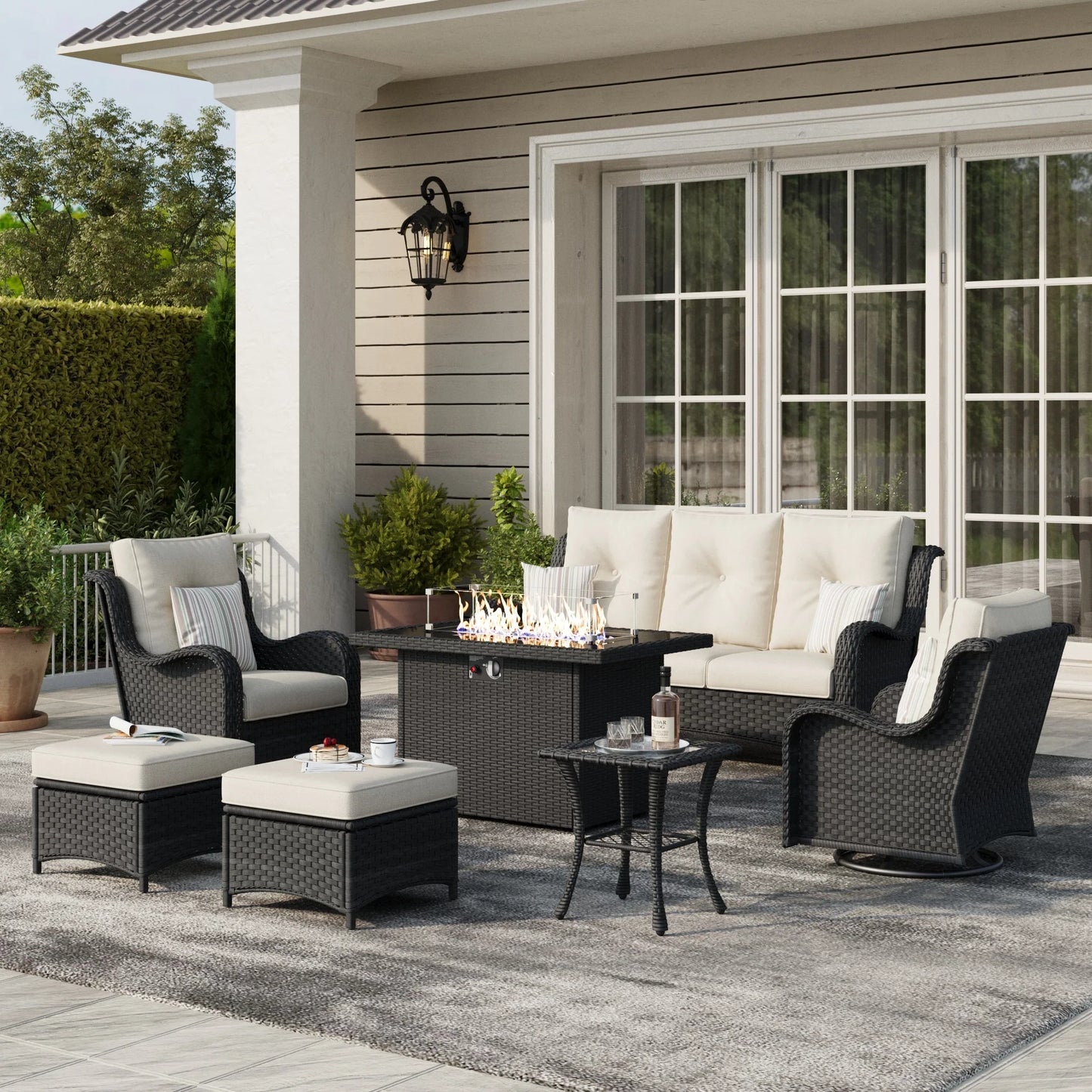 LayinSun 7 - Piece Outdoor Conversation Set with 44'' Propane Fire Pit Table and Swivel Chairs