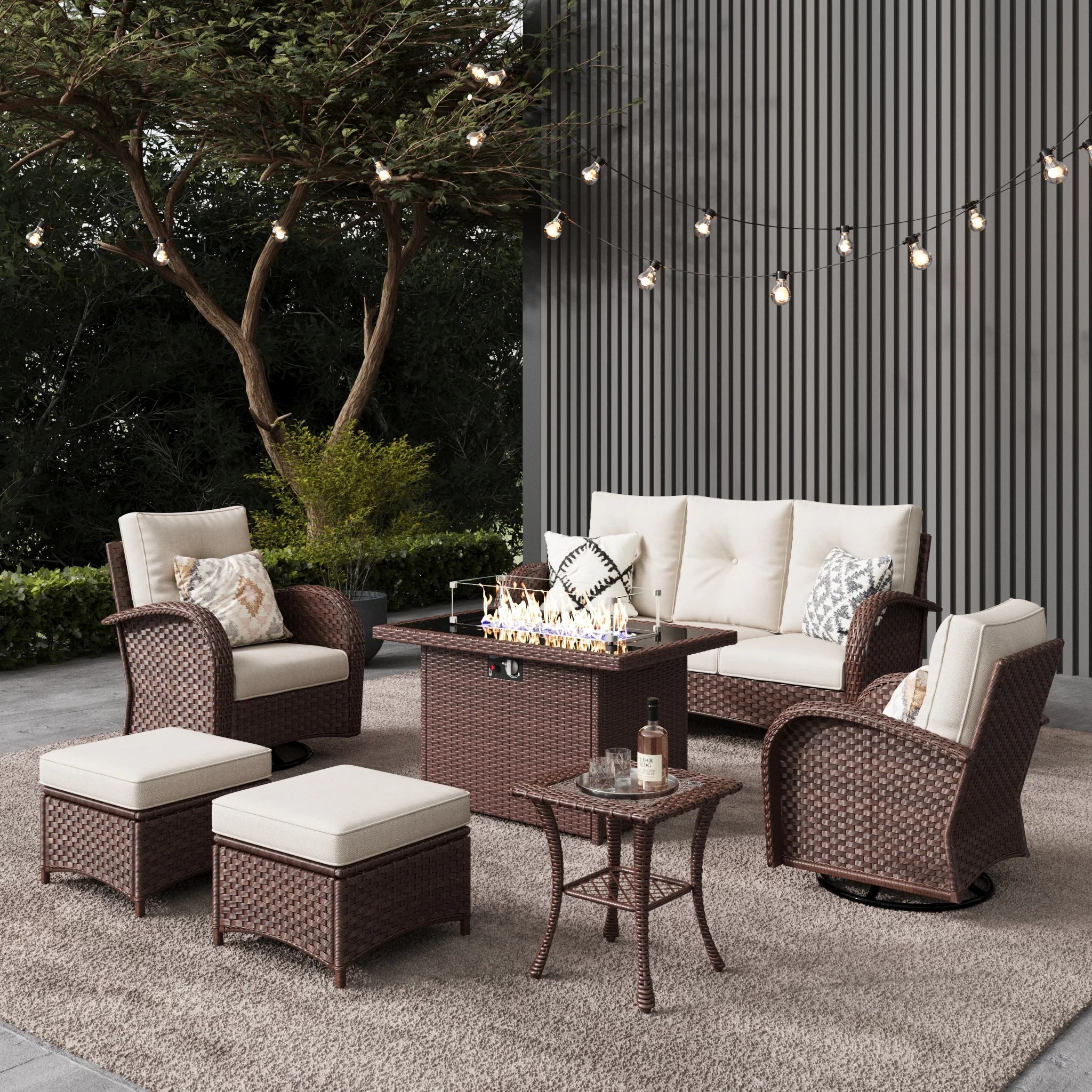 LayinSun 7 - Piece Outdoor Wicker Swivel Chairs Conversation Set with Fire Pit Table