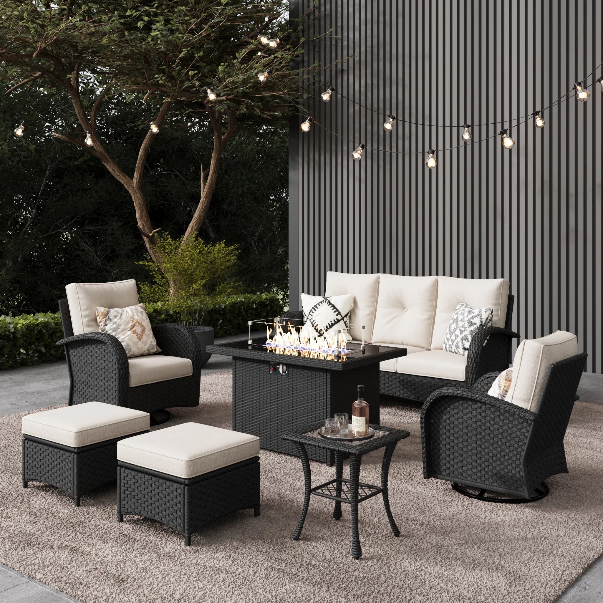 LayinSun 7 - Piece Outdoor Wicker Swivel Chairs Conversation Set with Fire Pit Table