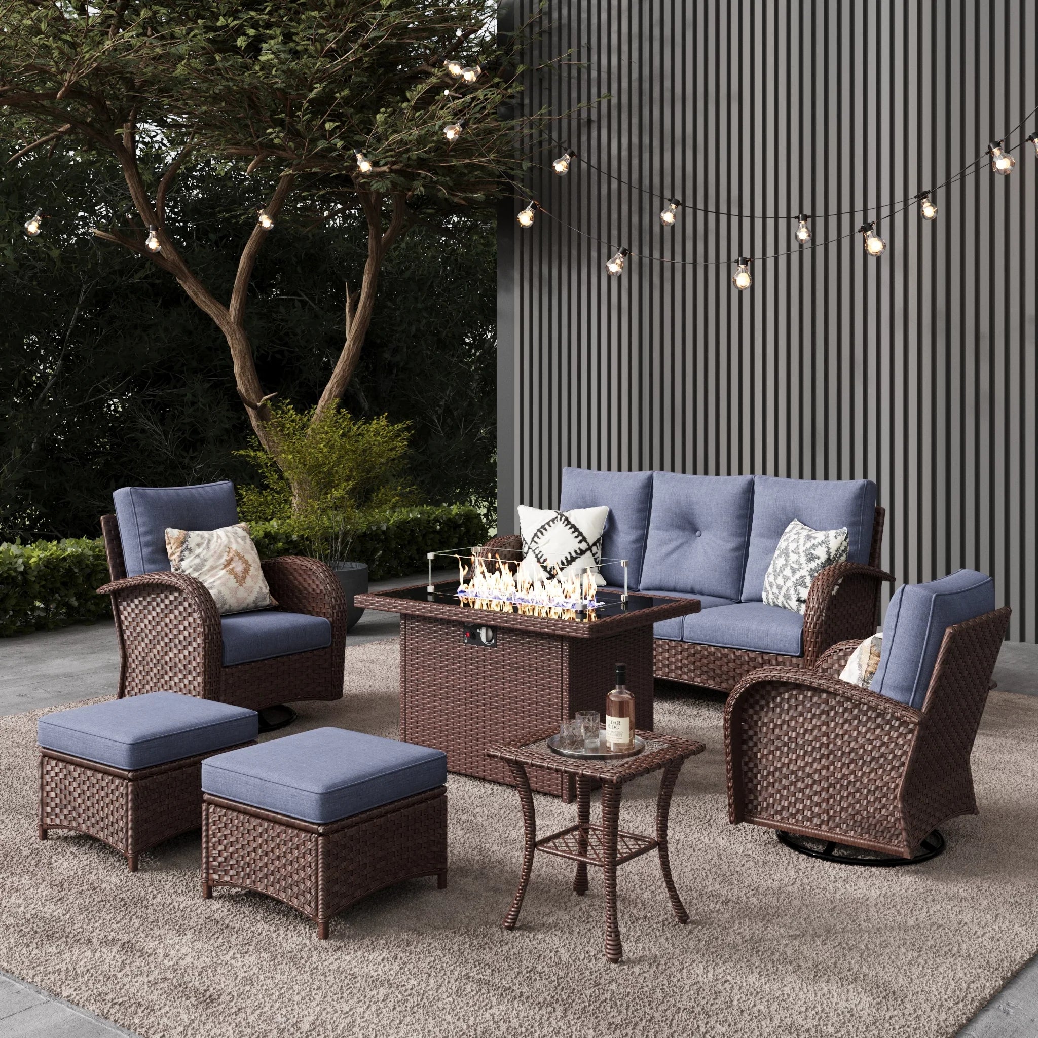 LayinSun 7 - Piece Outdoor Wicker Swivel Chairs Conversation Set with Fire Pit Table