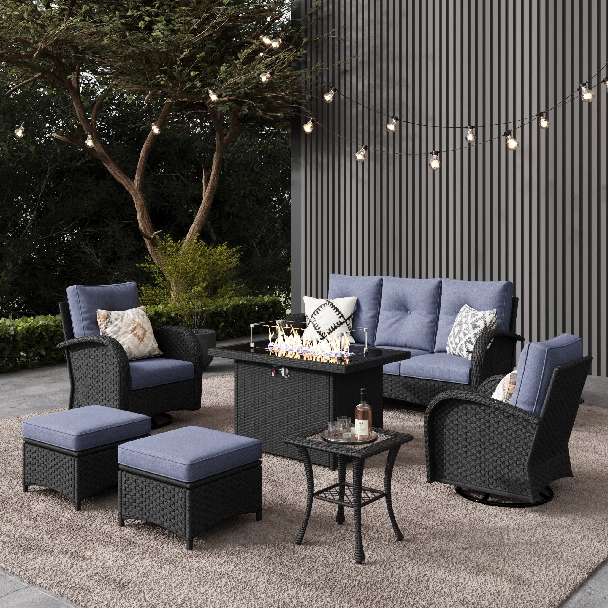 LayinSun 7 - Piece Outdoor Wicker Swivel Chairs Conversation Set with Fire Pit Table