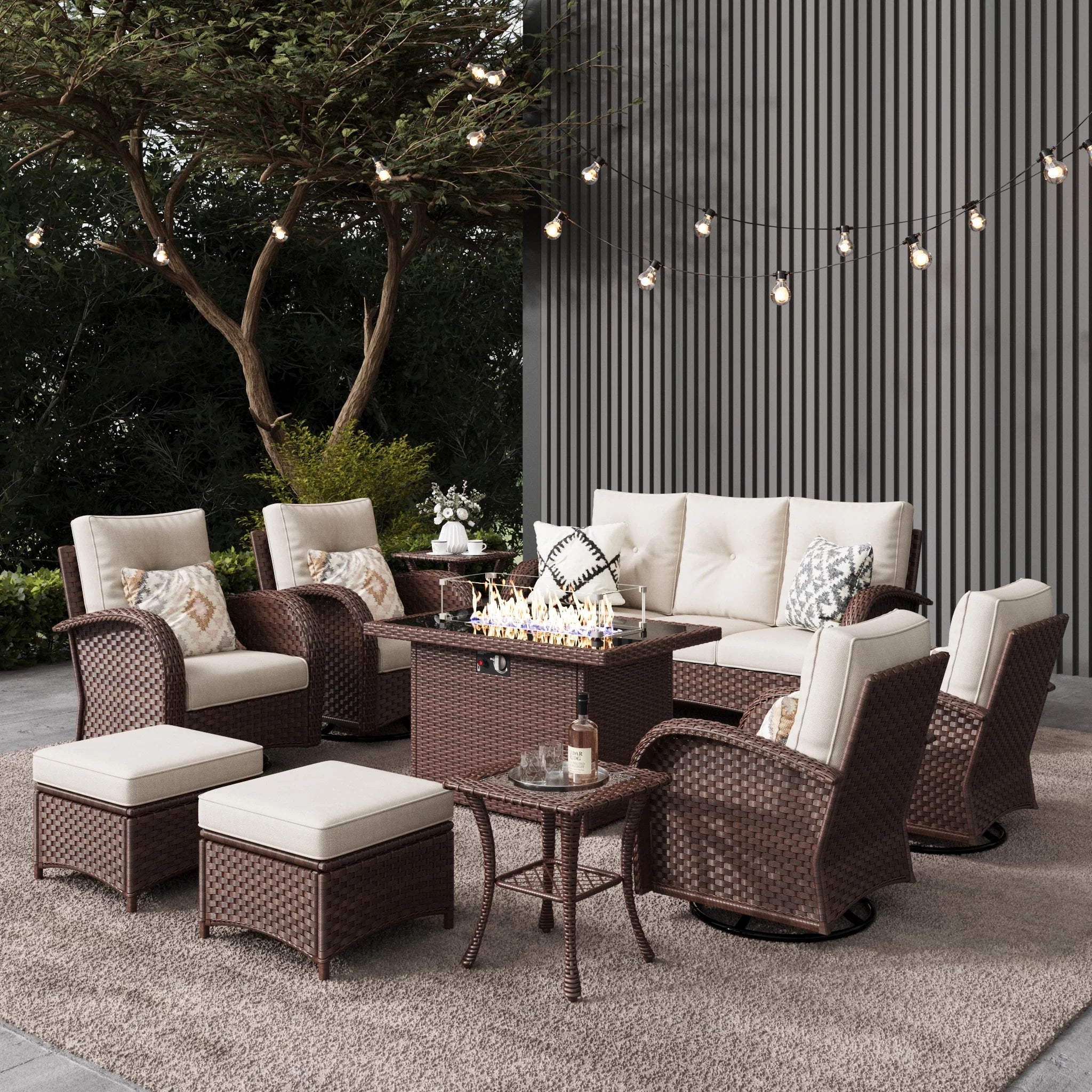 LayinSun 10 - Piece Outdoor Wicker Swivel Chairs Conversation Set with Fire Pit Table