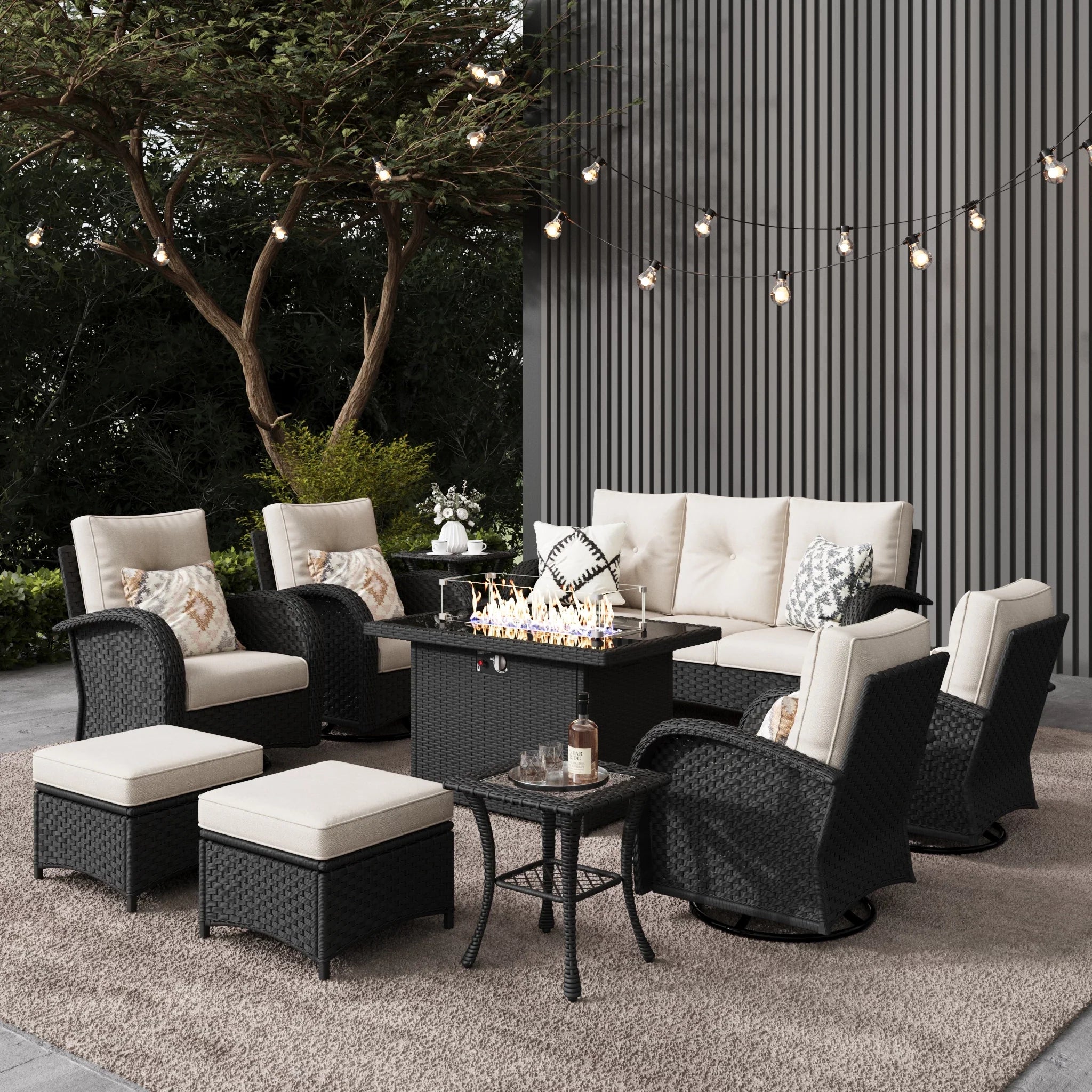 LayinSun 10 - Piece Outdoor Wicker Swivel Chairs Conversation Set with Fire Pit Table