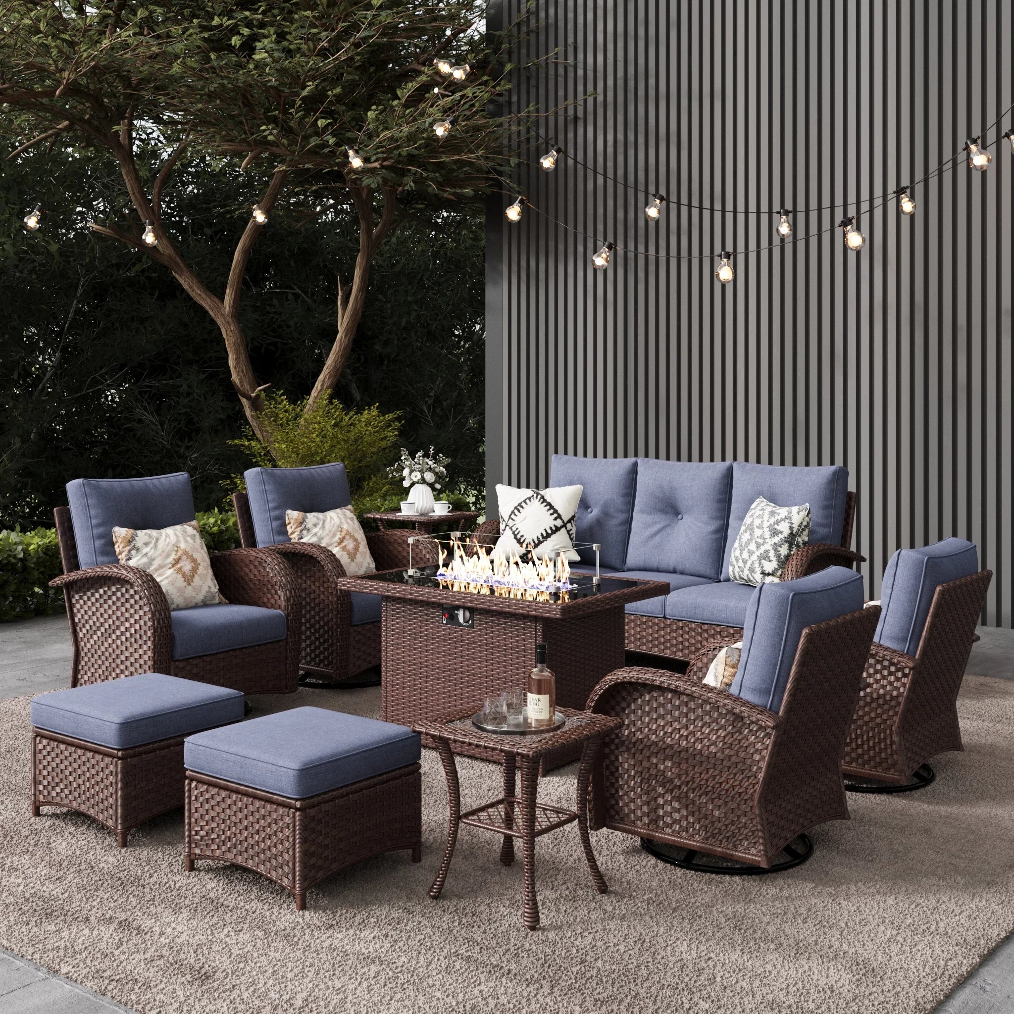LayinSun 10 - Piece Outdoor Wicker Swivel Chairs Conversation Set with Fire Pit Table