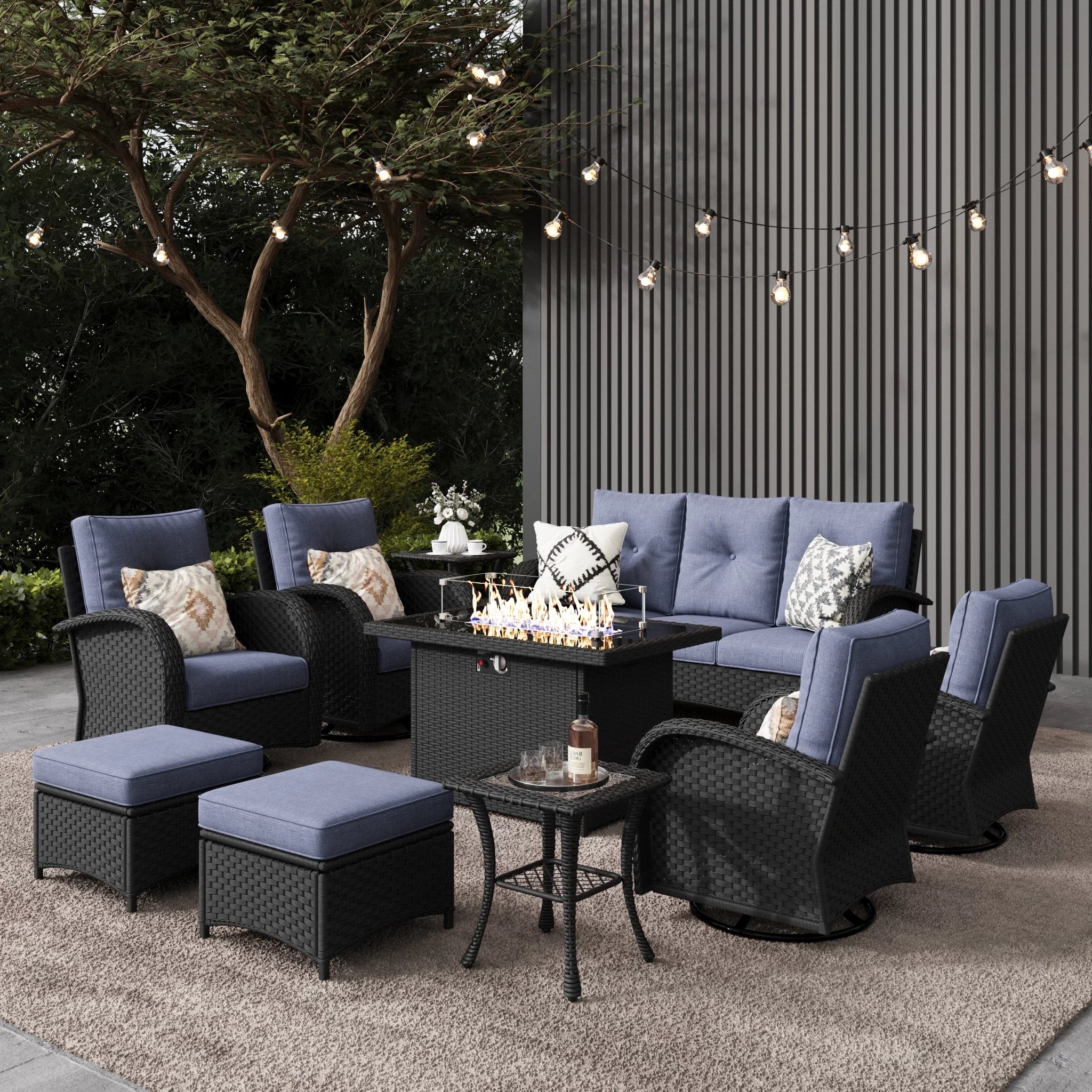 LayinSun 10 - Piece Outdoor Wicker Swivel Chairs Conversation Set with Fire Pit Table