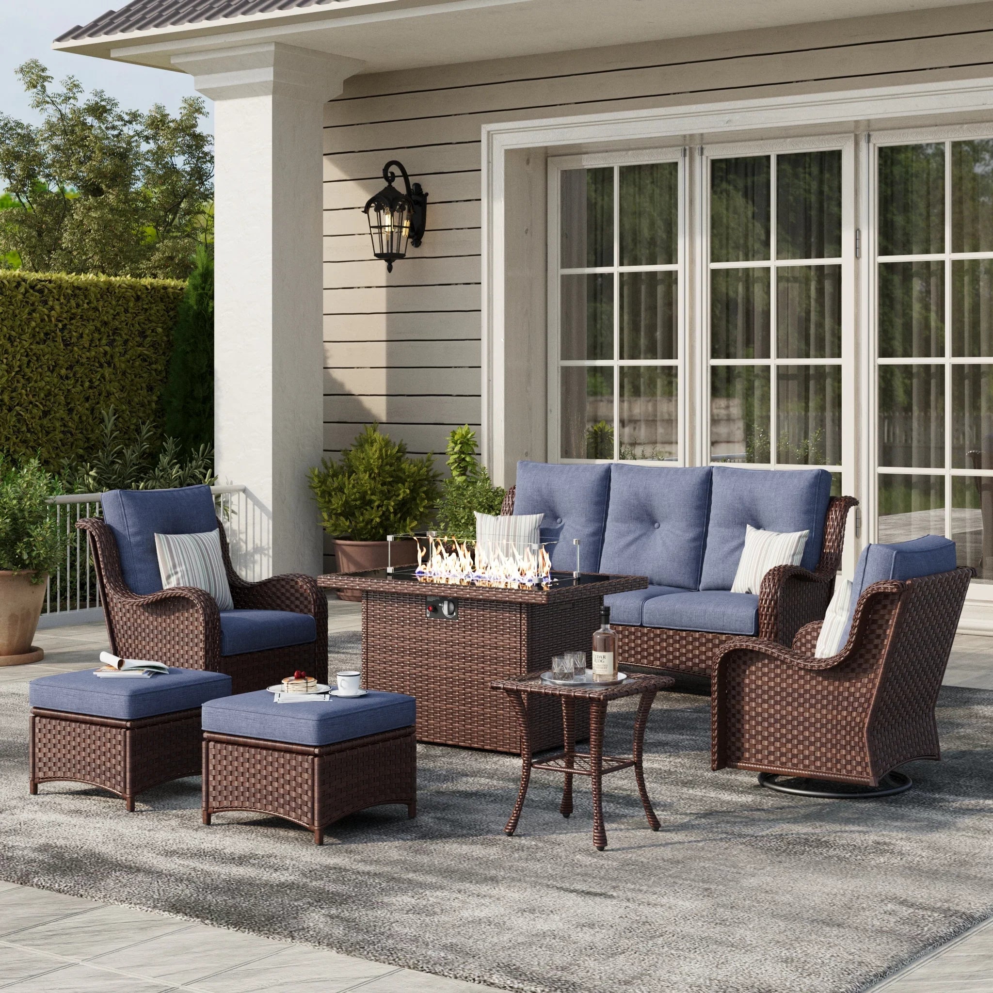 LayinSun 7 - Piece Outdoor Conversation Set with 44'' Propane Fire Pit Table and Swivel Chairs
