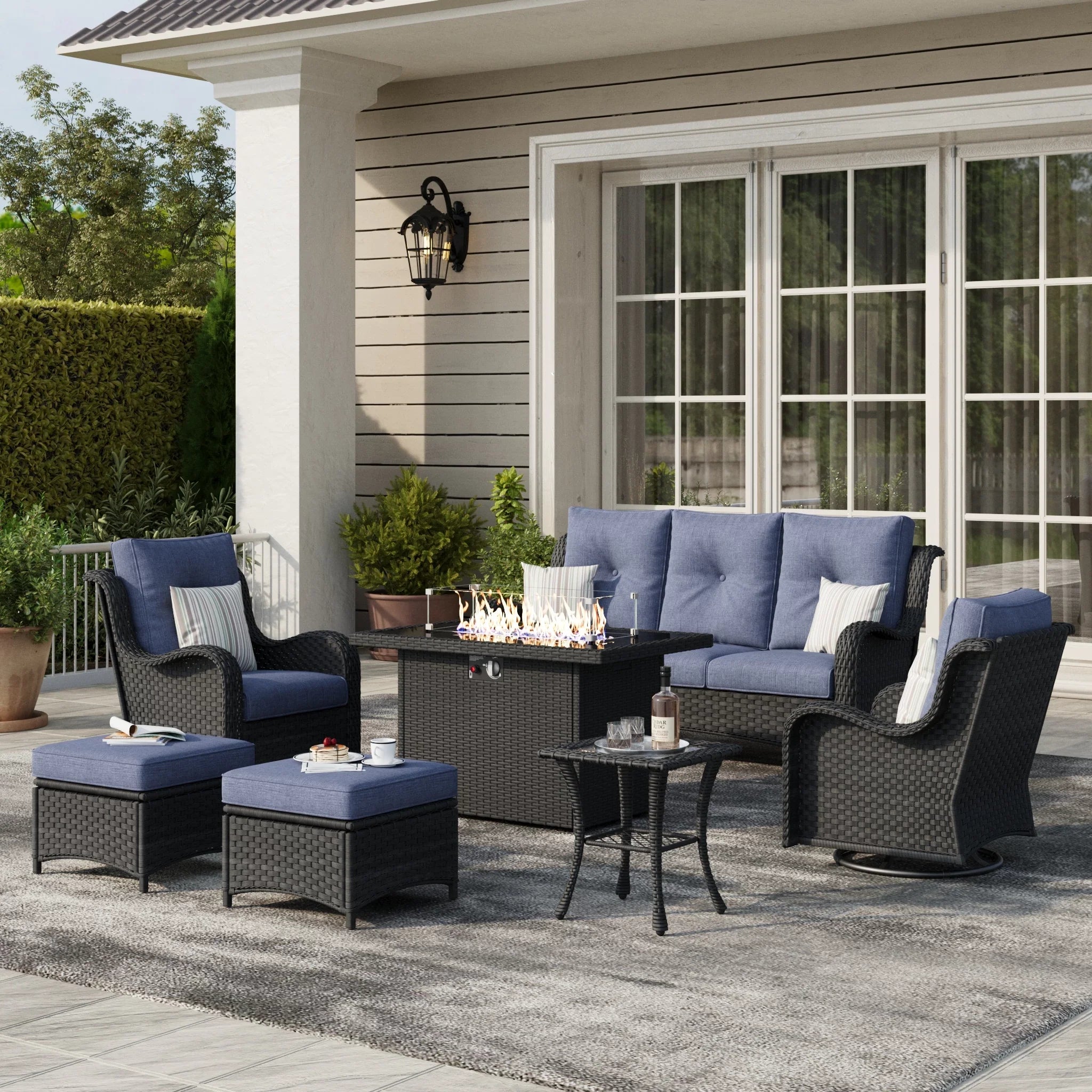 LayinSun 7 - Piece Outdoor Conversation Set with 44'' Propane Fire Pit Table and Swivel Chairs