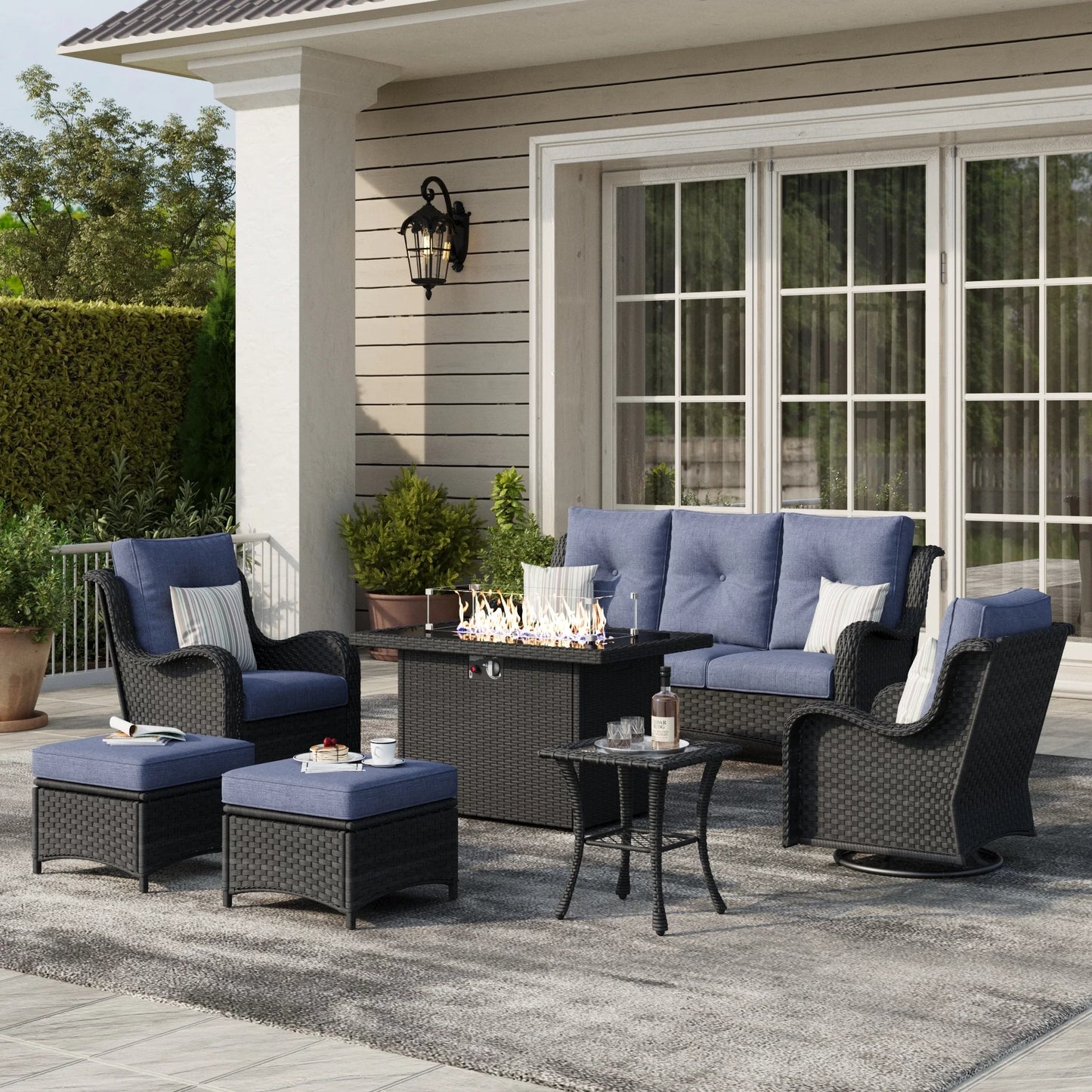 LayinSun 7 - Piece Outdoor Conversation Set with 44'' Propane Fire Pit Table and Swivel Chairs
