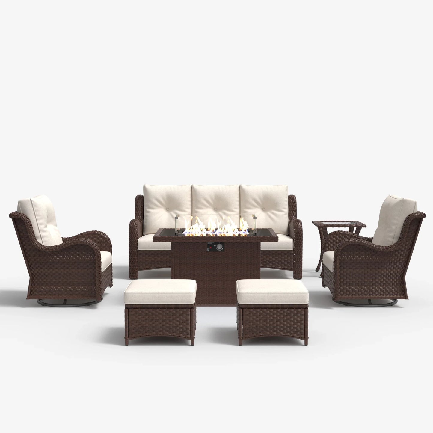 LayinSun 7 - Piece Outdoor Conversation Set with 44'' Propane Fire Pit Table and Swivel Chairs